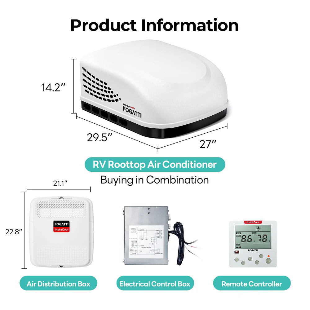 Fogatti InstaCool 150P II RV Rooftop Air Conditioner - 15,000 BTU 115V with Heating & Cooling - Non-Ducted for RVs, Campers & Tiny Homes - Perfect for Summer Travel & Off-Grid Living