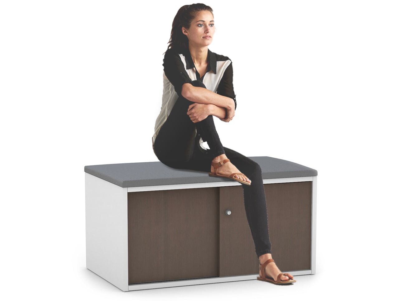 Low Profile 2-Door Sliding Credenza with Top Cushion - Modern TV Stand for Living Room, Bedroom Storage Cabinet with Smooth Gliding Doors