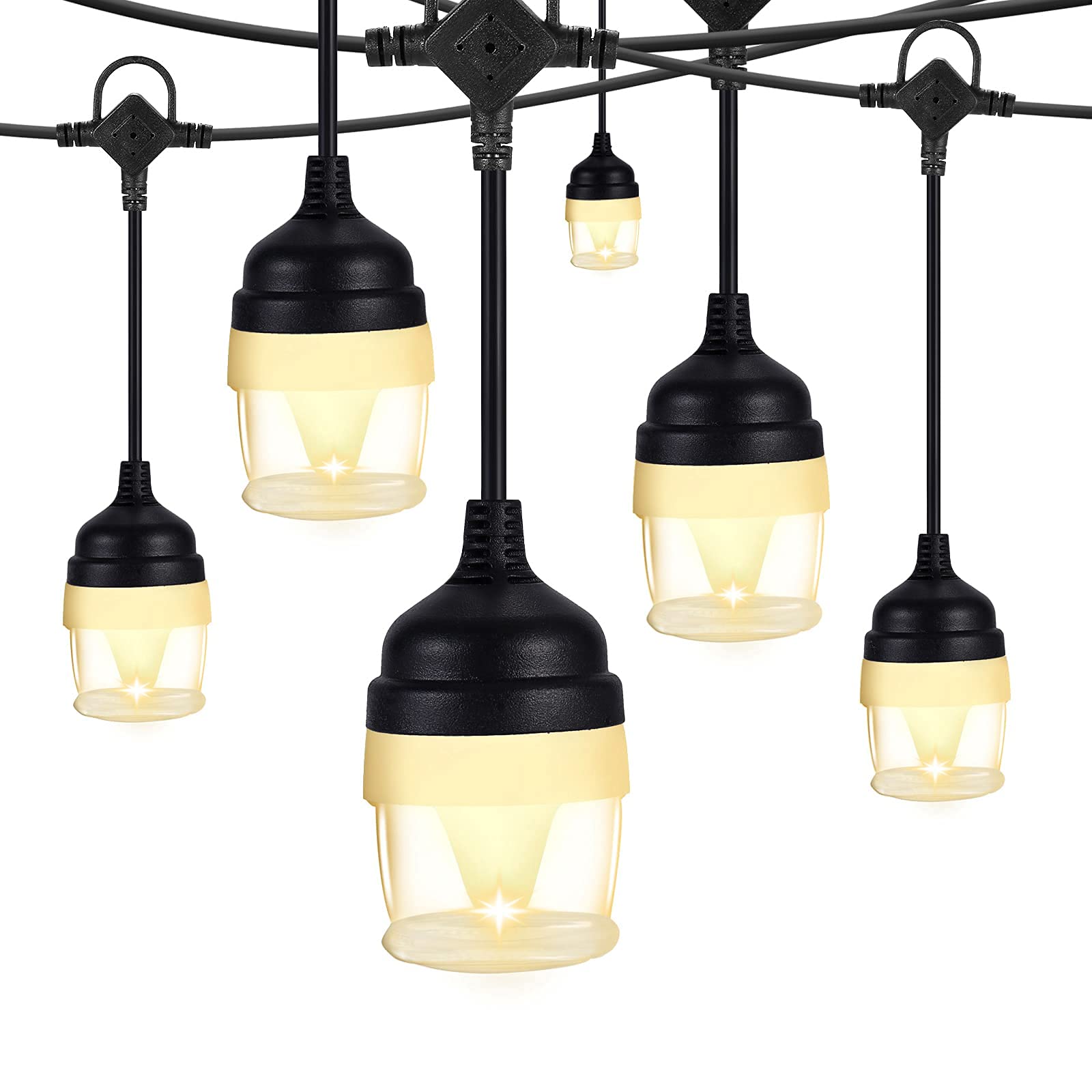Outdoor LED String Lights Waterproof RGB Dimmable with Music Sync - 50ft Hanging Party Lights for Patio, Backyard, Garden, Cafe, Porch Decor - Perfect for Holiday, Wedding & Outdoor Atmosphere (White/Warm White)