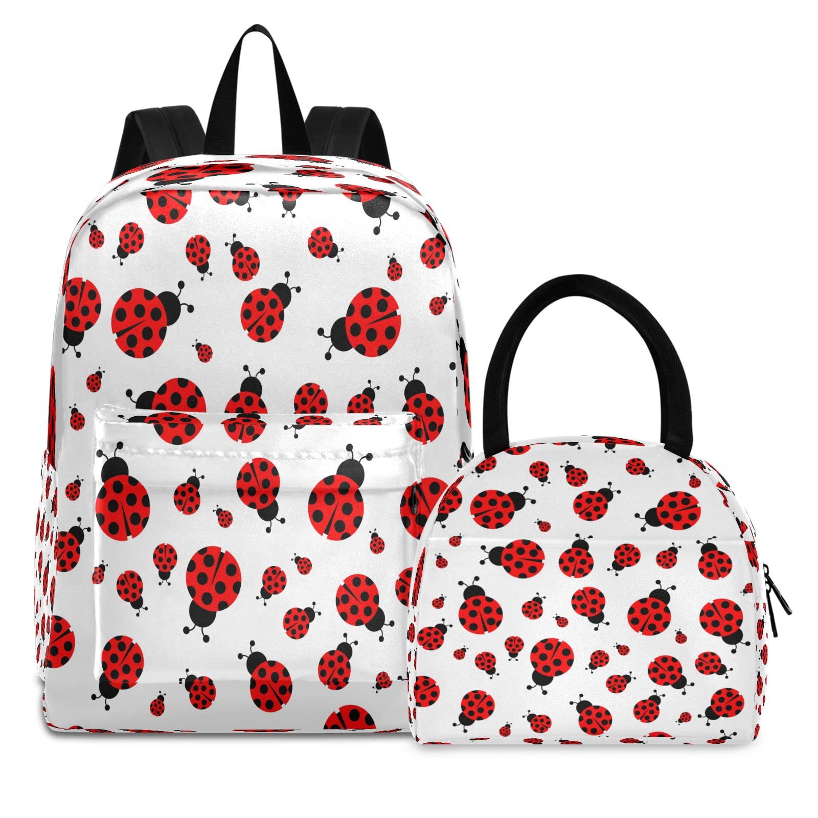 Cute Ladybug Backpack for Teens - Girls & Boys School Bookbag with Insulated Lunch Box - Perfect for School, Travel & Outdoor Adventures