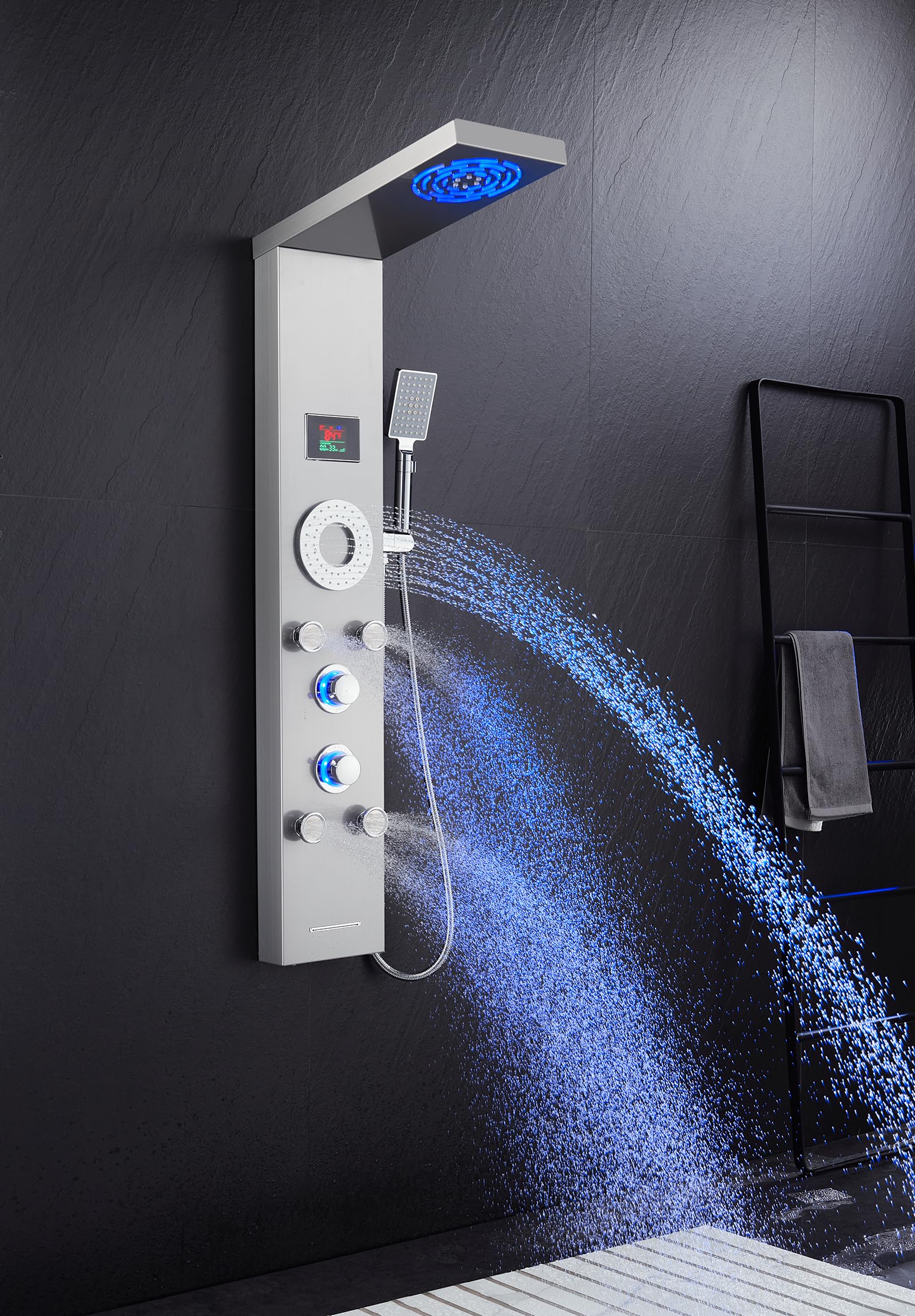 TSIBOMU LED Shower Panel Tower System with 5 Body Jets - Stainless Steel Rainfall & Mist Shower Tower, Handheld Shower & Tub Spout - Brushed Nickel Hydroelectric Temperature Display for Luxurious Bathroom Upgrade (Perfect for Modern Home Spa Experience)