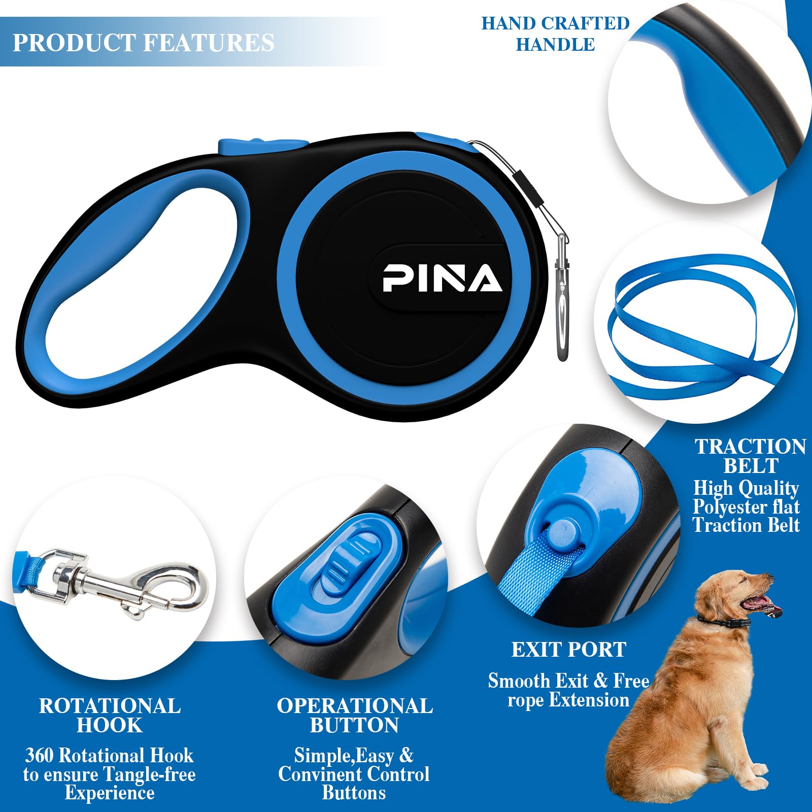 PINA Retractable Dog Leash - 10ft Strong Reflective Nylon Tape Leash for Small Dogs Up to 33lbs, 360° Tangle-Free Design with Anti-Slip Handle & One-Handed Brake Lock - Perfect for Walking, Jogging, and Nighttime Safety (Black/Blue)