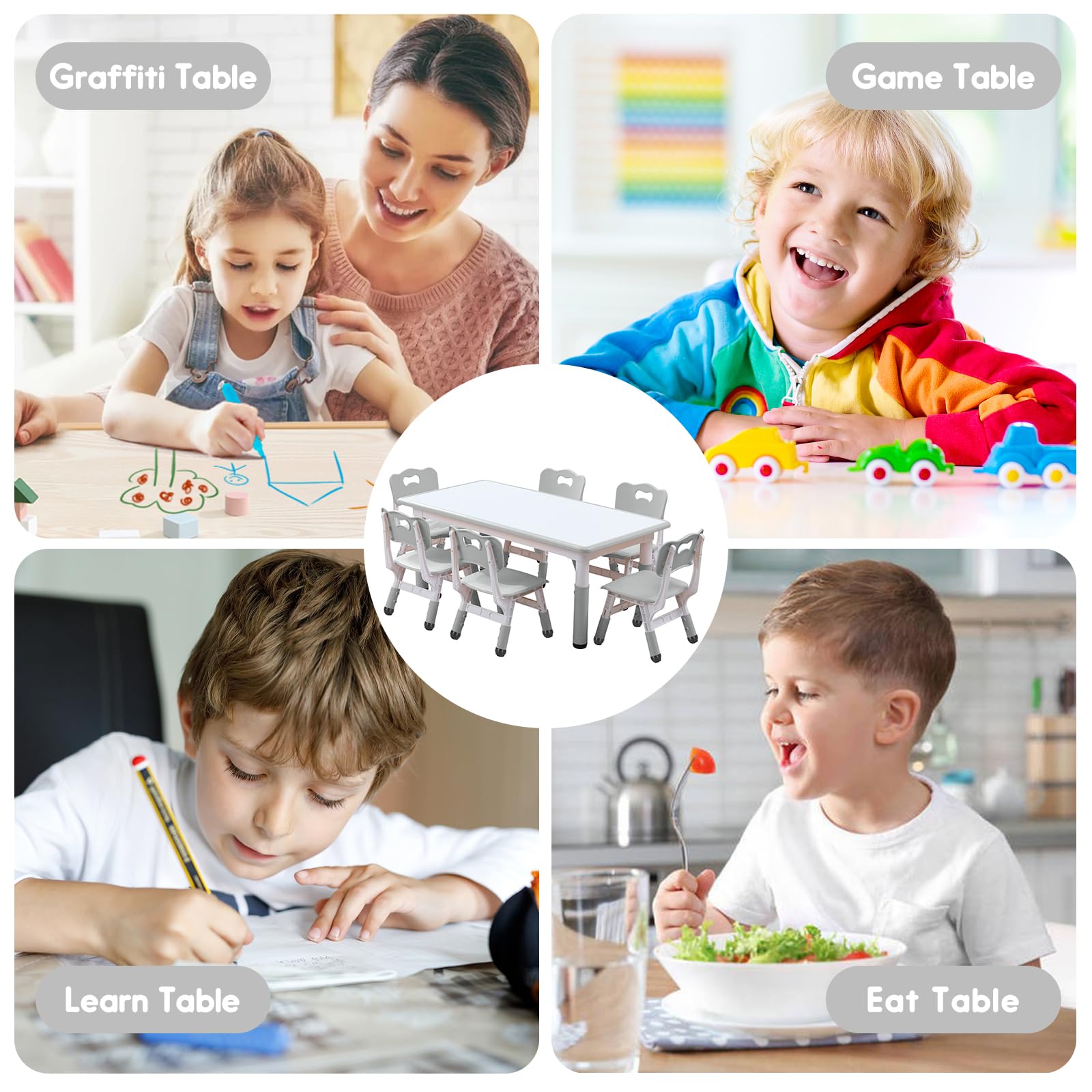 Kids Table and Chair Set - Adjustable Height Snow Grey Plastic Desk with Whiteboard Top & 12 Color Pens (47.2