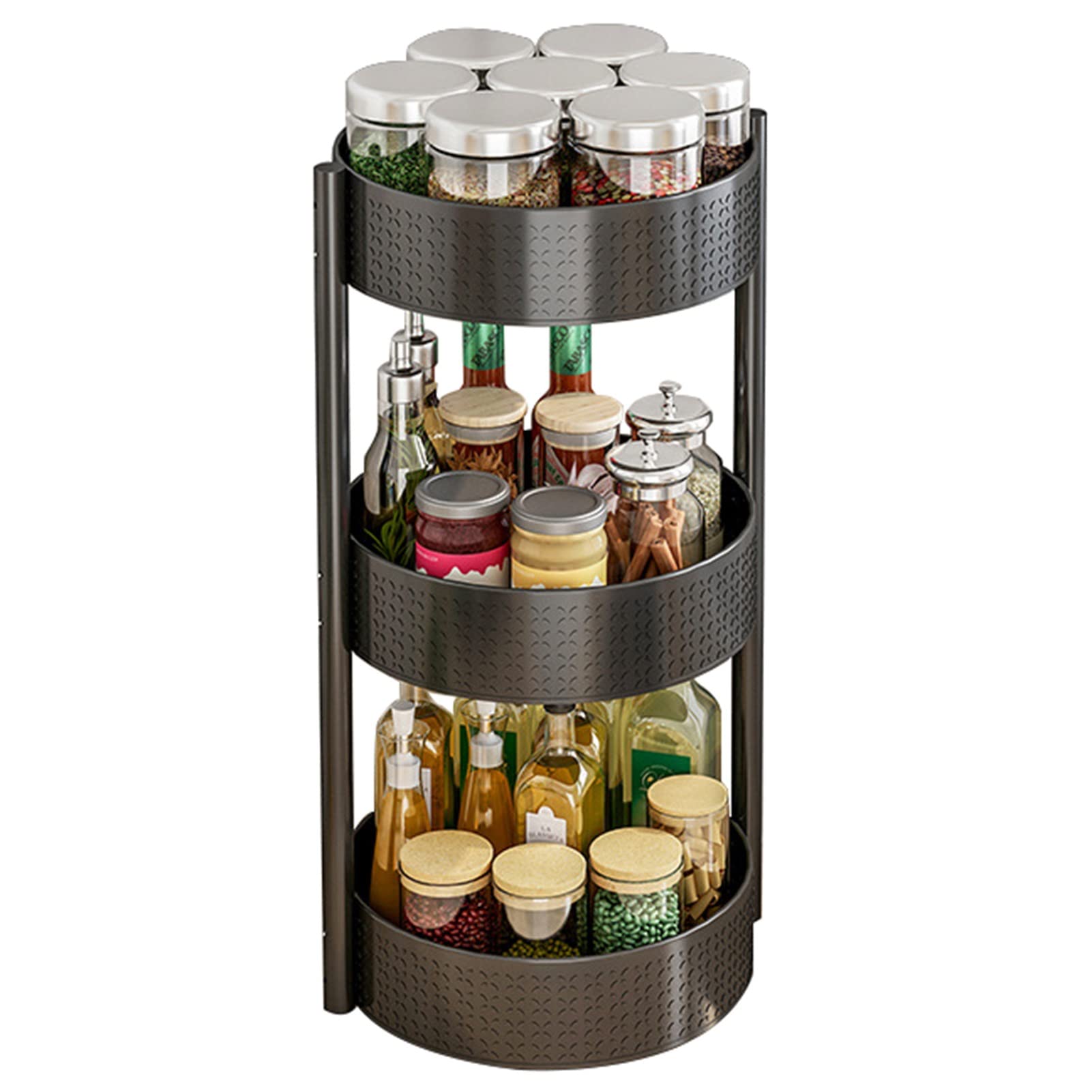 Rotatable 3-Tier Black Kitchen Spice Rack Organizer - 58cm Tall Countertop Corner Storage Shelf for Seasonings, Fruits & Spices - Space-Saving Kitchen Organizer for Small Spaces, Pantry & Countertop Storage