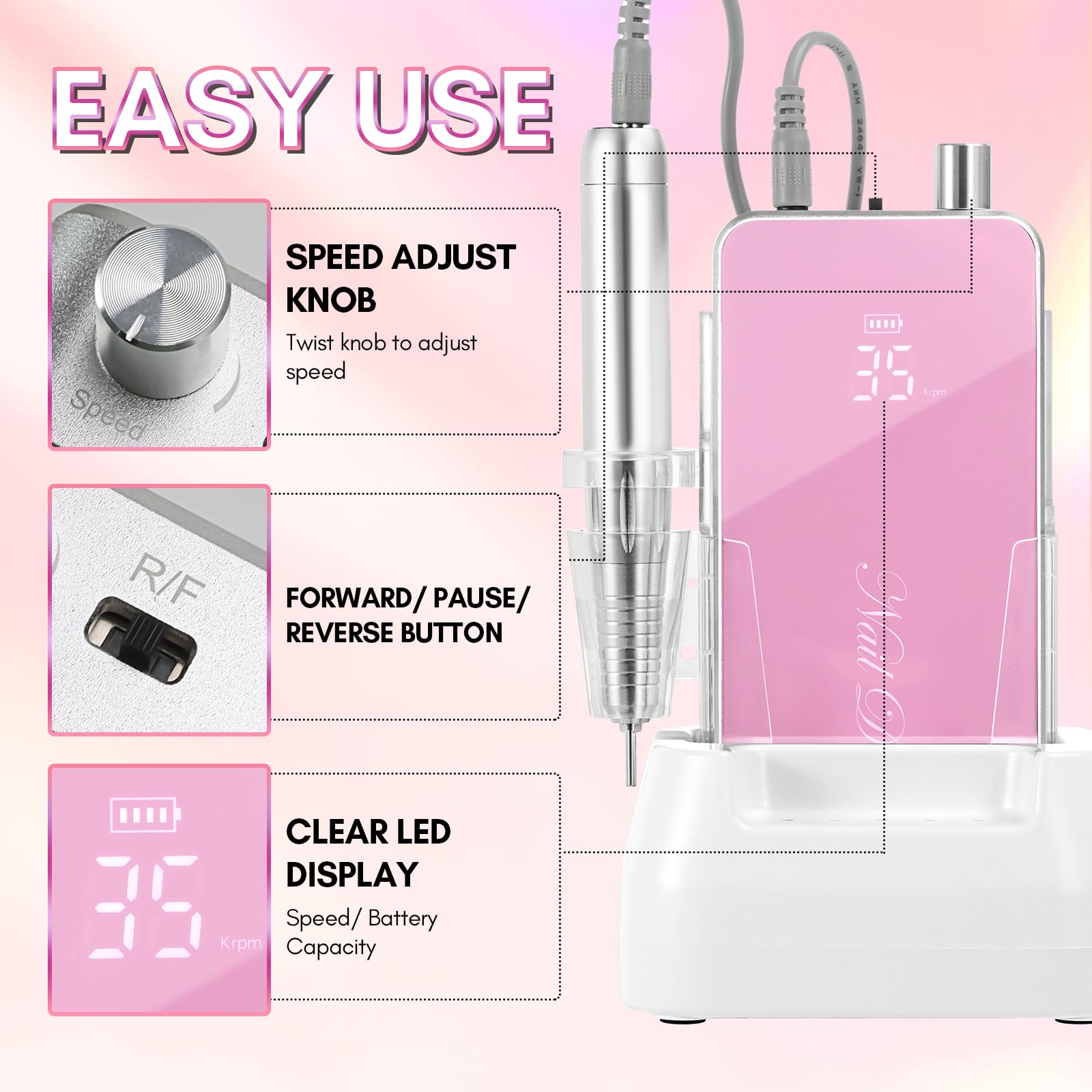 Makartt Professional Nail Drill - 35000RPM Rechargeable Electric Nail File with Coreless Motor & 6 Drill Bits Set for Acrylic & Gel Nail Removal | Perfect for Salon, Home Manicure & DIY Nail Art (Pink)