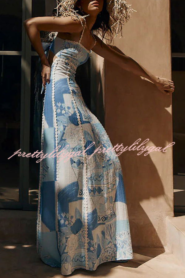 Terrazza Ric Rac Trims Unique Print Back Tie-Up Slip Flared Maxi Dress for Women | Summer Beach Wedding Party Outfit