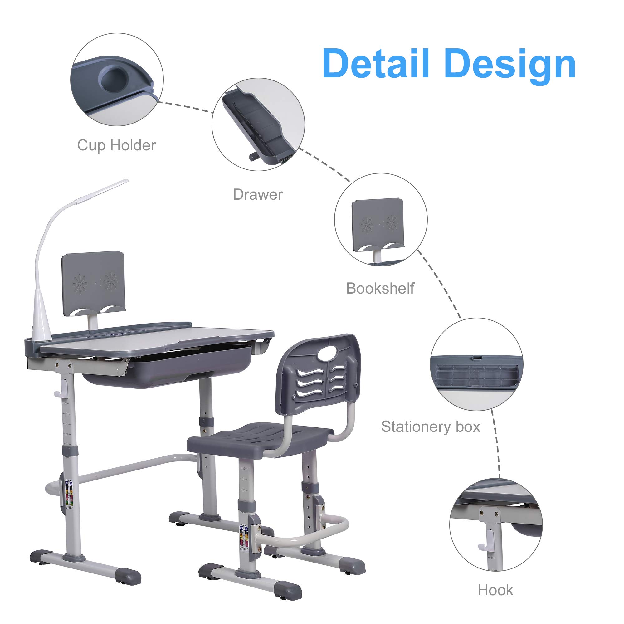 Adjustable Kids Desk and Chair Set with LED Light & Storage Drawer - Ergonomic Study Table for Children, Tilt Desktop & Book Stand - Perfect for Homework, Reading & Online Learning (Grey)