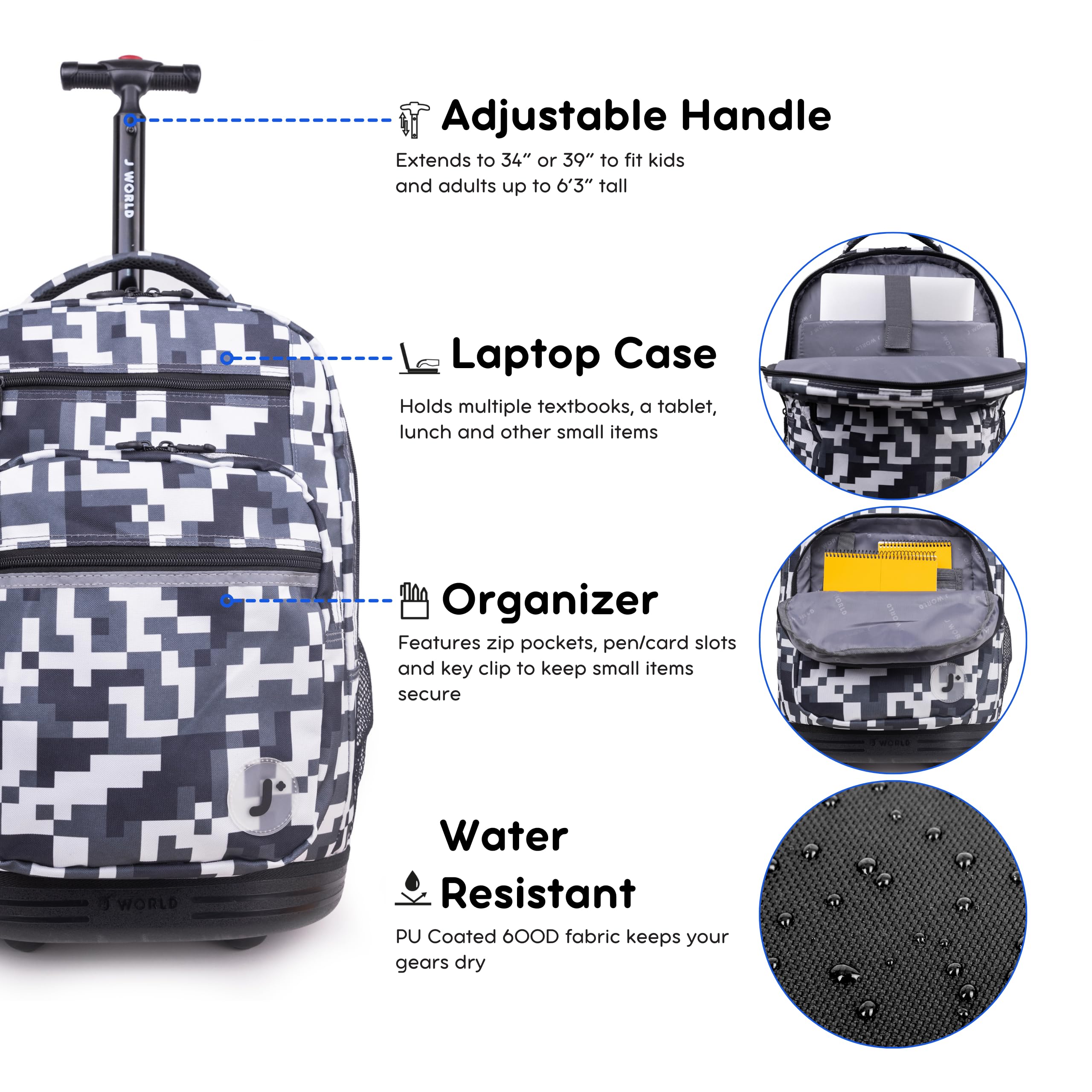 J World New York Sundance Rolling Backpack for Kids - 20 Inch Wheeled School Bookbag with Durable Wheels & Adjustable Handle - Perfect for School, Travel & Daily Use (Camo Design)