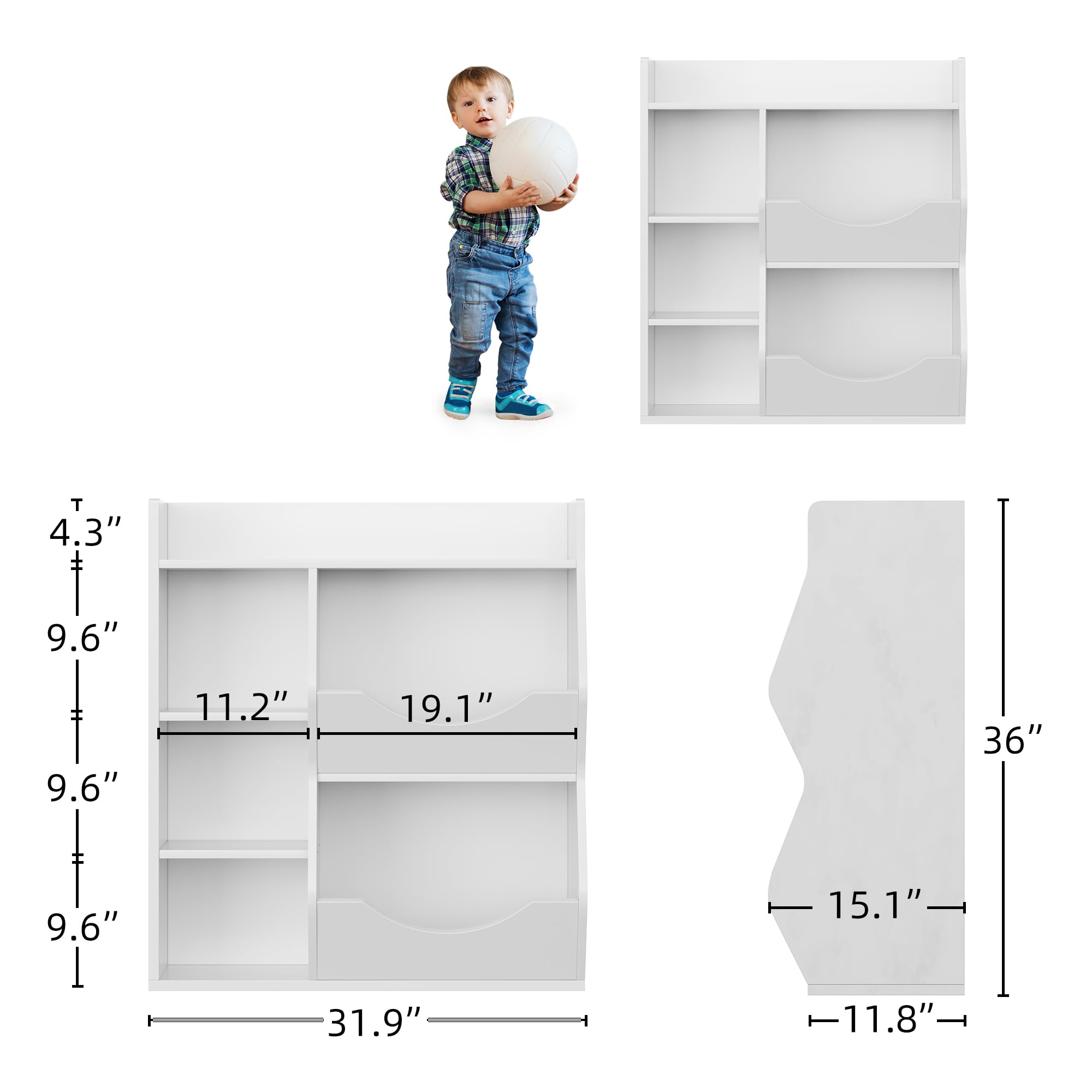 IDEALHOUSE 5-Cubby Kids Bookshelf - Sturdy Wooden Bookcase & Toy Storage Organizer for Boys & Girls - Perfect for Playroom, Bedroom, Nursery & Kids Room (White) - Great for Organizing Books, Toys & Learning Supplies