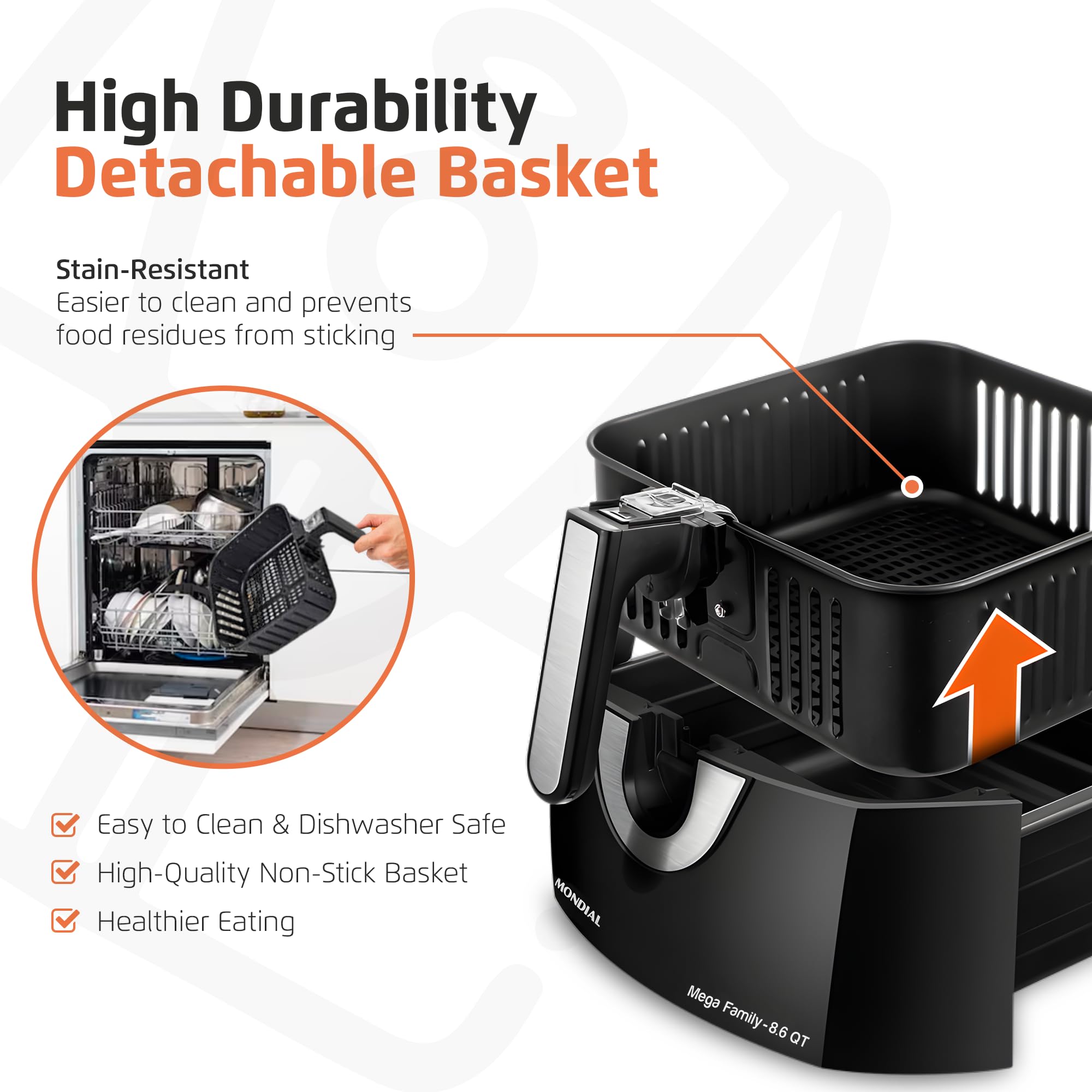 8.6 Quart Large Air Fryer with Quick Heat Circulation - 1800W, 2 Dial Controls, Removable Square Basket - Low Fat, Healthy Cooking for Family Meals, Snacks & Parties - Black