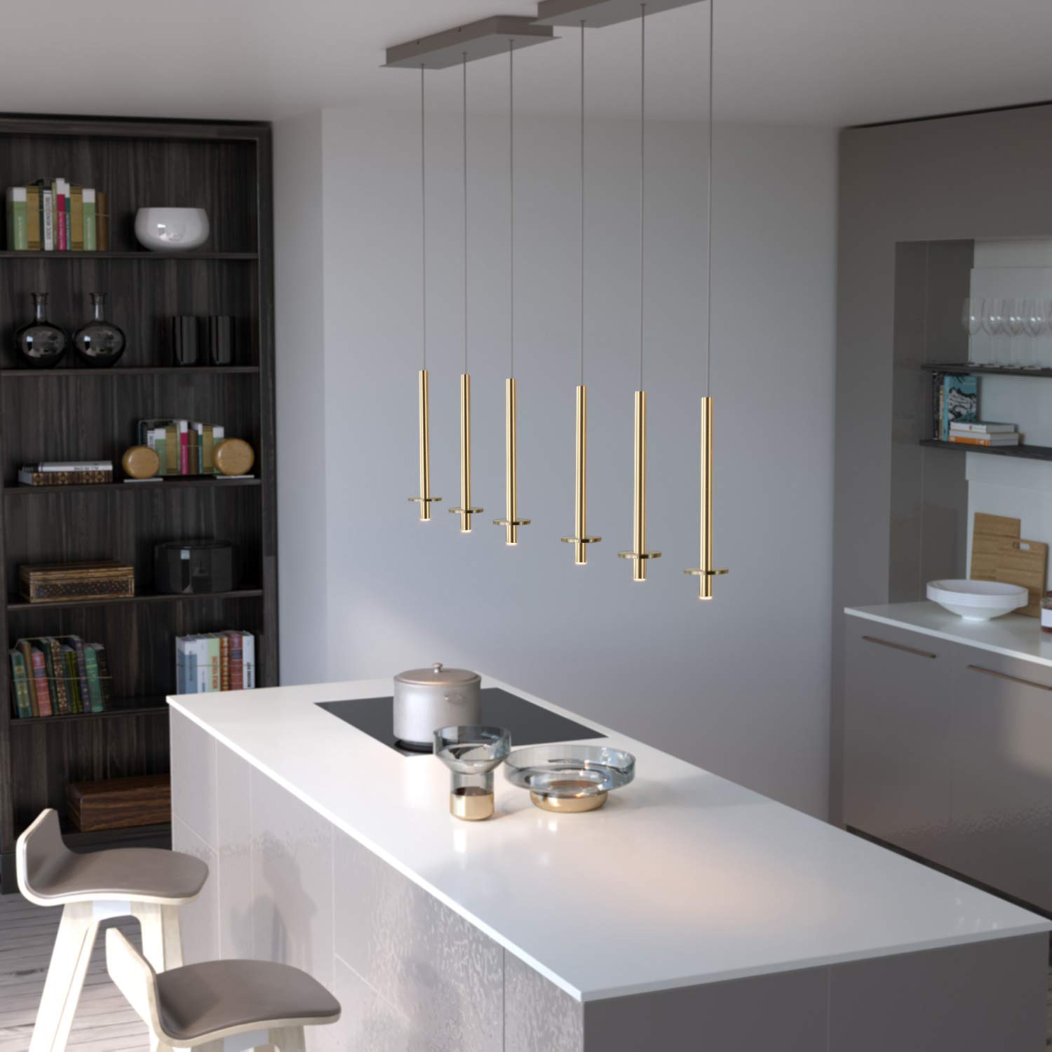 Draco 3 Pendant Lighting Brass - Modern LED Hanging Light Fixture for Kitchen Island, Dining Room, Bar, Foyer - Adjustable Dimmable Cluster Mini Metal Rod Pipe Cylinders - Perfect for Home Decor & Commercial Spaces