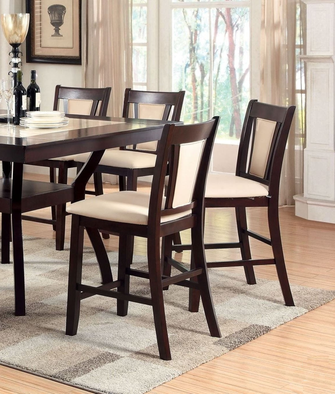 Modern Set of 2 Bar Stools - Dark Cherry & Ivory Solid Wood Counter Height Chairs with Padded Leatherette Seats - Kitchen Island & Dining Room Furniture for Breakfast Nook, Home Bar & Small Space Decor