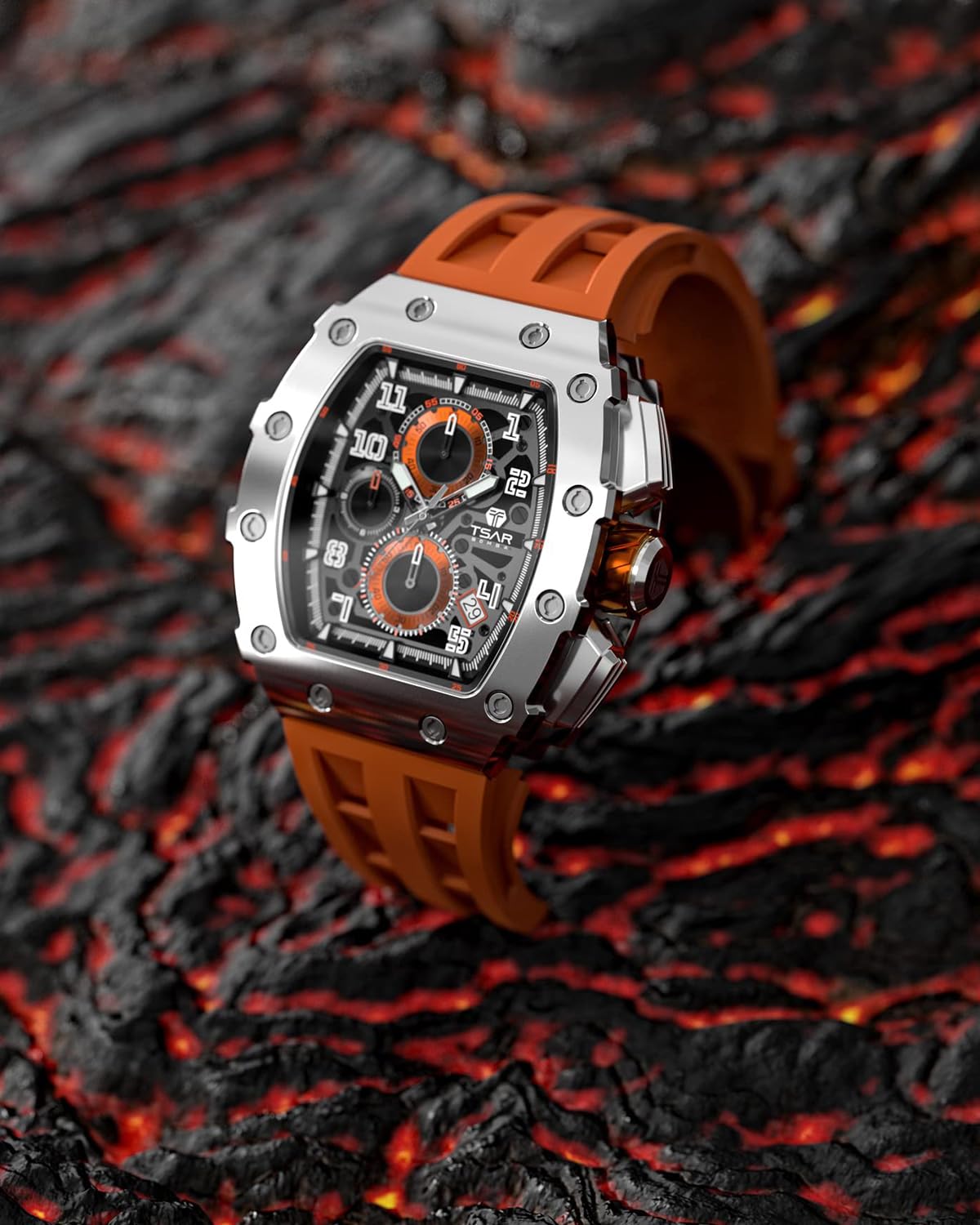**TSAR BOMBA Luxury Men's Tonneau Watch - Waterproof 50M Analog Chronograph with Date Calendar - Business Dress & Diver Watch for Work, Formal & Casual Wear - Large Square Face Wristwatch for Men**    *(Use for business meetings, diving, daily wear & special occasions)*