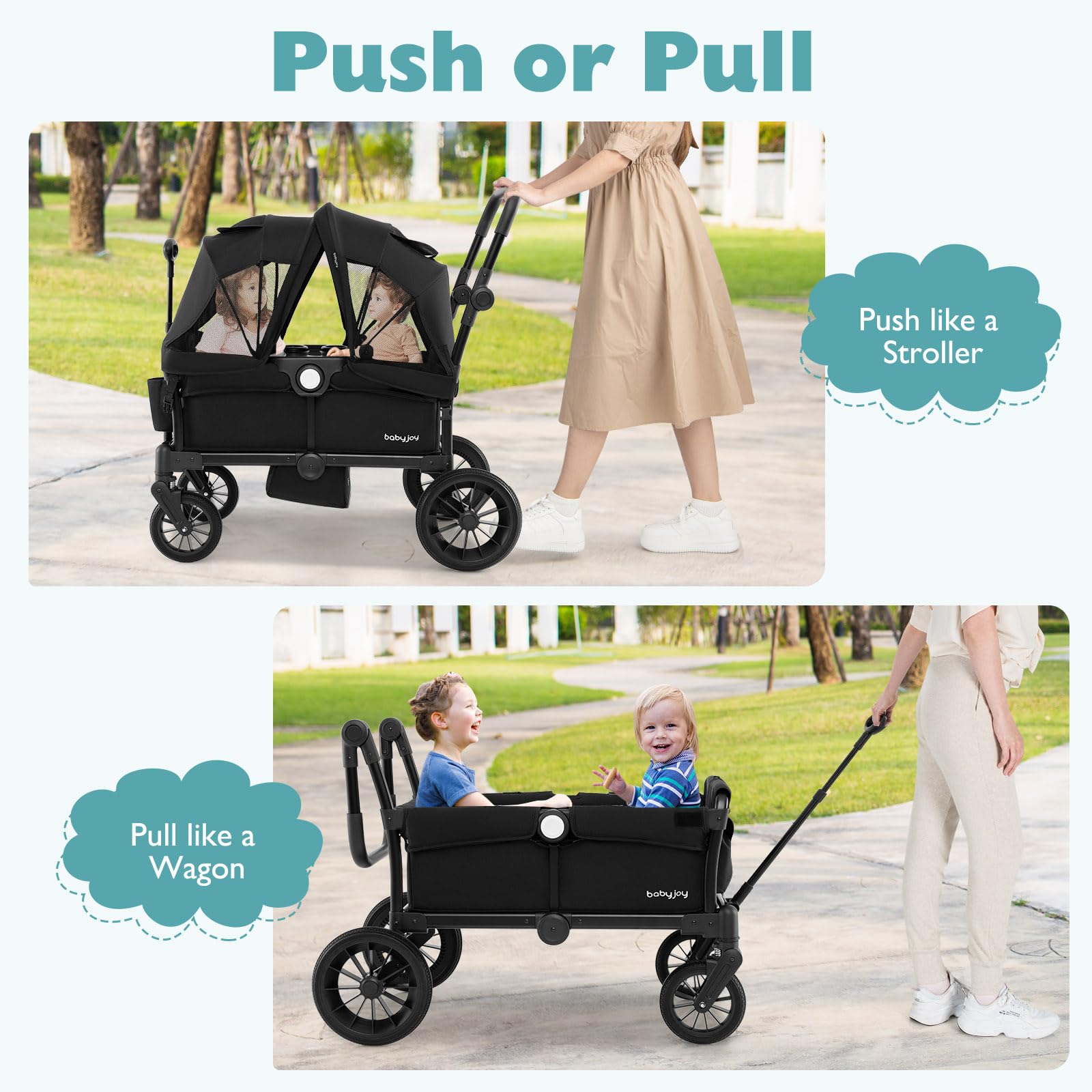 **BABY JOY Double Stroller Wagon for 2 Kids - Foldable Push Pull Wagon with Adjustable Handle, Removable Canopy, Safety Harness, Cup Holder & Snack Tray - Perfect for Outings, Beach, Park & Shopping (Black)**