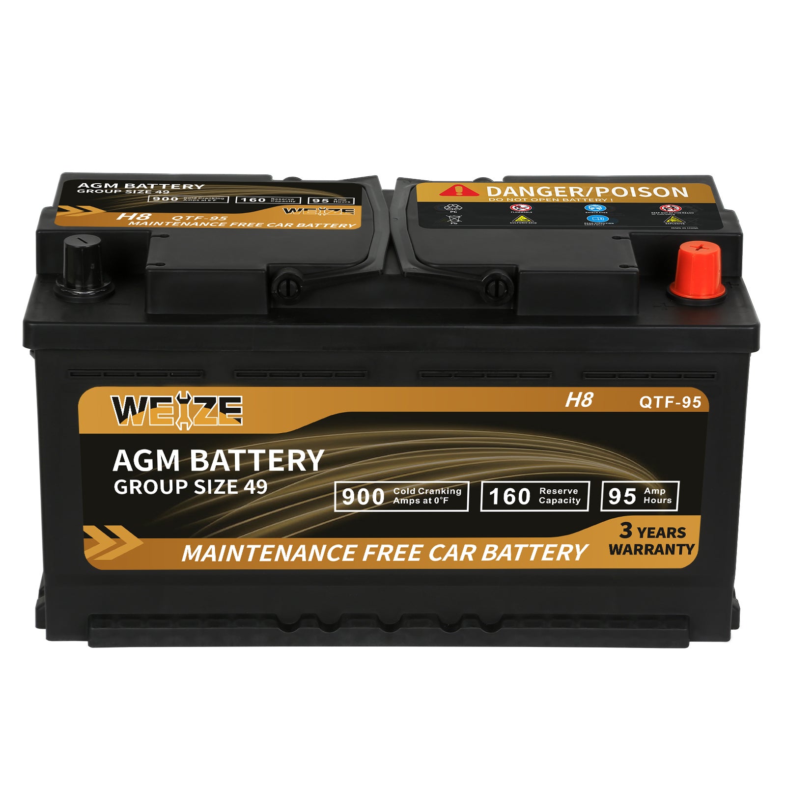 WEIZE Wise Series Group 49 AGM Car Battery 12V 95Ah H8 - High Performance Automotive Replacement Battery for Trucks, SUVs & RVs | Cold Cranking Power & Long Lifespan