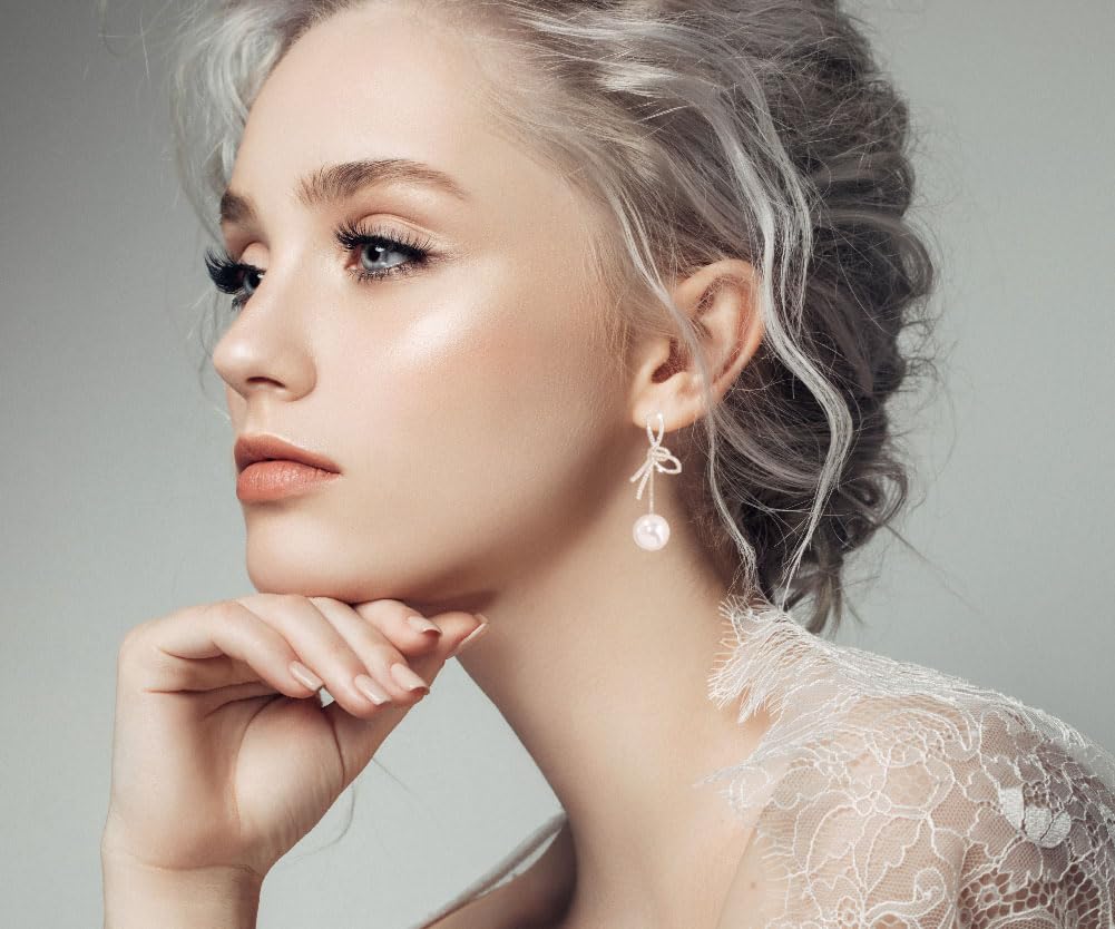 Elegant Bow Pearl Earrings for Women - 14K Gold Plated Crystal Bowknot Dangle Drop Earrings, Dainty Statement Jewelry Gift for Her - Perfect for Weddings, Parties & Special Occasions