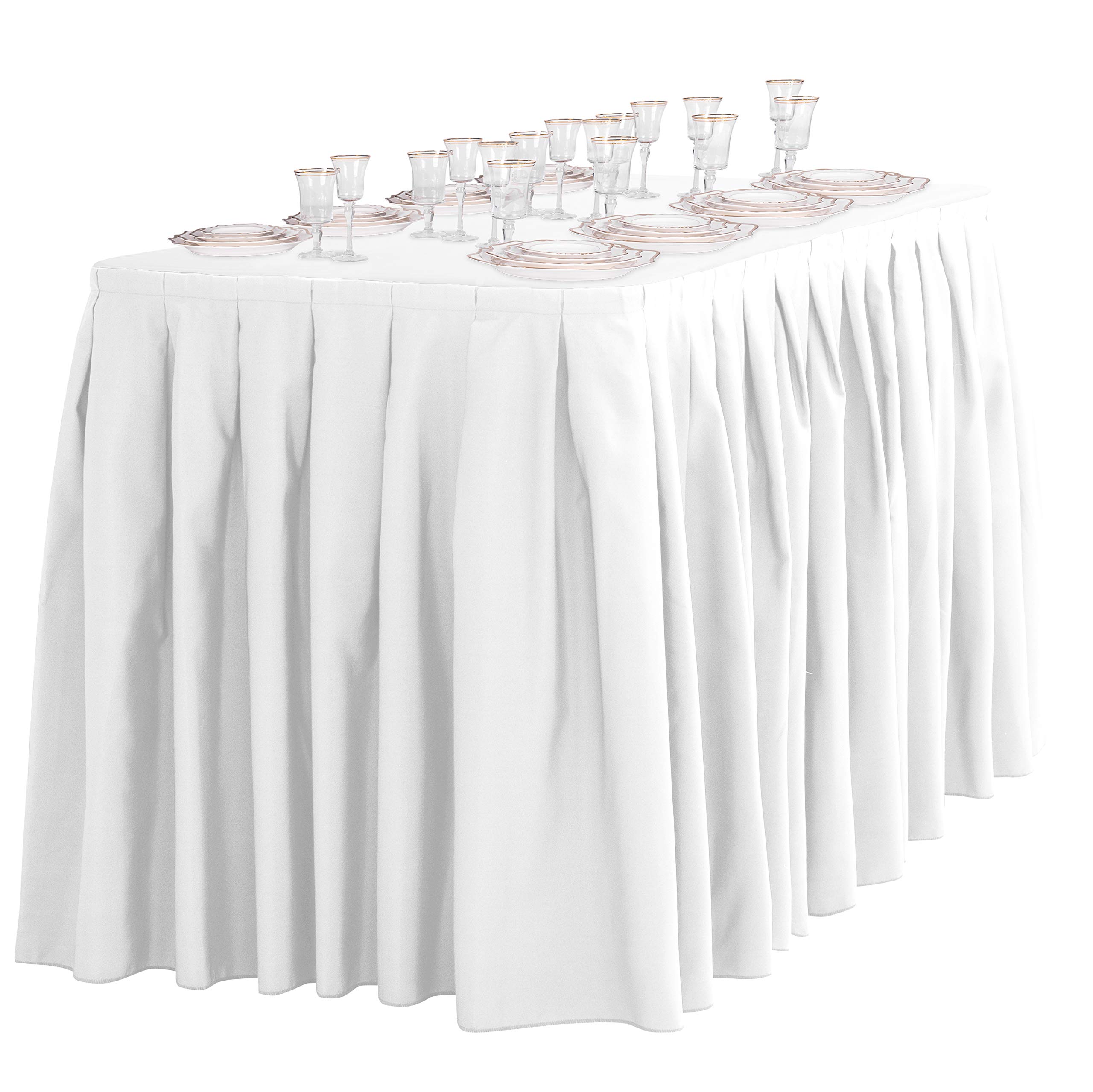 21ft White Polyester Table Skirt for 8ft Rectangular Table - Wrinkle Resistant Pleated Banquet Tablecloth - Perfect for Weddings, Parties, and Events