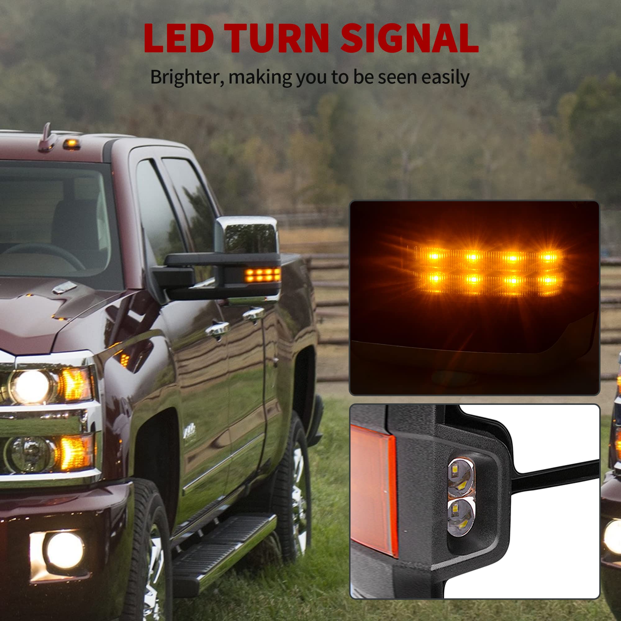 YITAMOTOR Power Heated LED Towing Mirrors with Arrow Signal & Reverse Lights - Compatible with Chevy Silverado 2007-2013 & GMC Sierra All Models - Perfect for Towing, Night Driving & Enhanced Safety