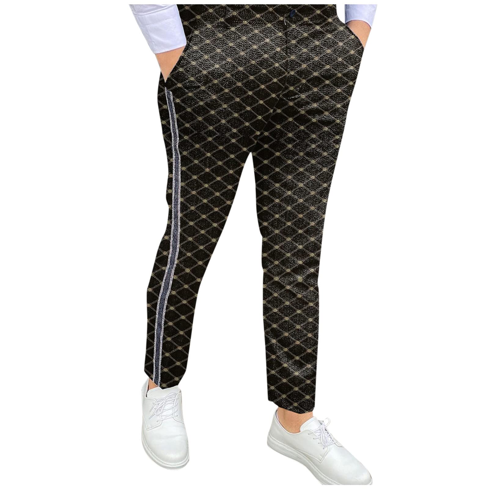 BEUU Men's Geometric Striped Skinny Fit Business Casual Pants - Slim Flat-Front Office Work Trousers for Professional & Smart Casual Wear