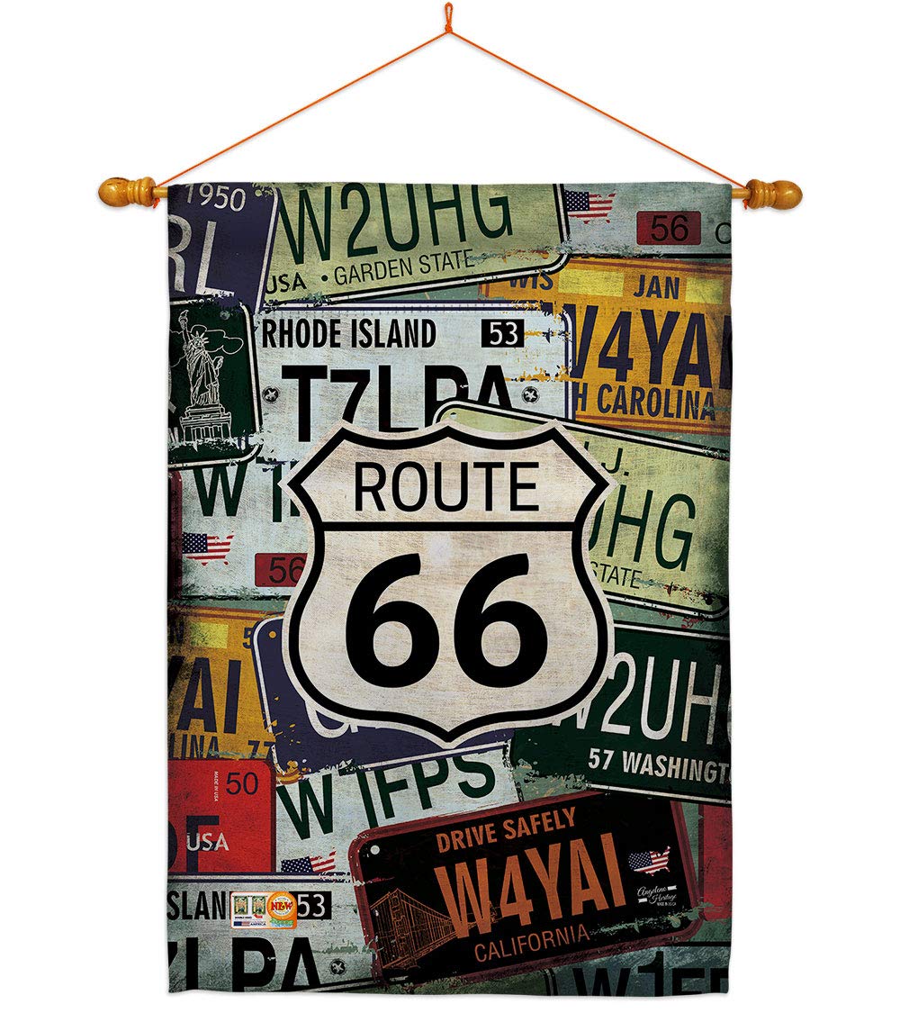 Route 66 Americana House Flag Set with Dowel - Double-Sided 28x40 Inch US Historic Decorative Yard Banner - Perfect for July 4th, Memorial Day, Veterans Day & Patriotic Home Decor - Made in USA