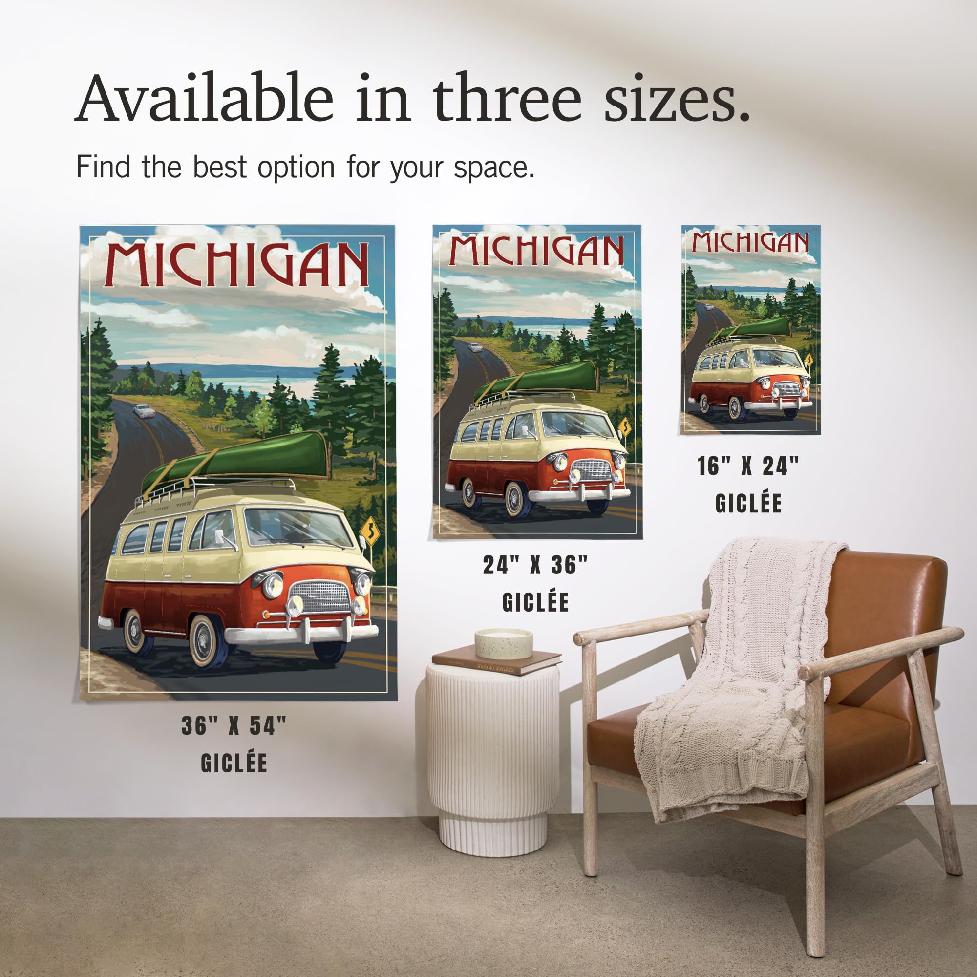 Lantern Press 16x24 Inch Giclee Print - Michigan Camper Van Wall Art - Perfect for Home Decor, Office & Cabin Aesthetic