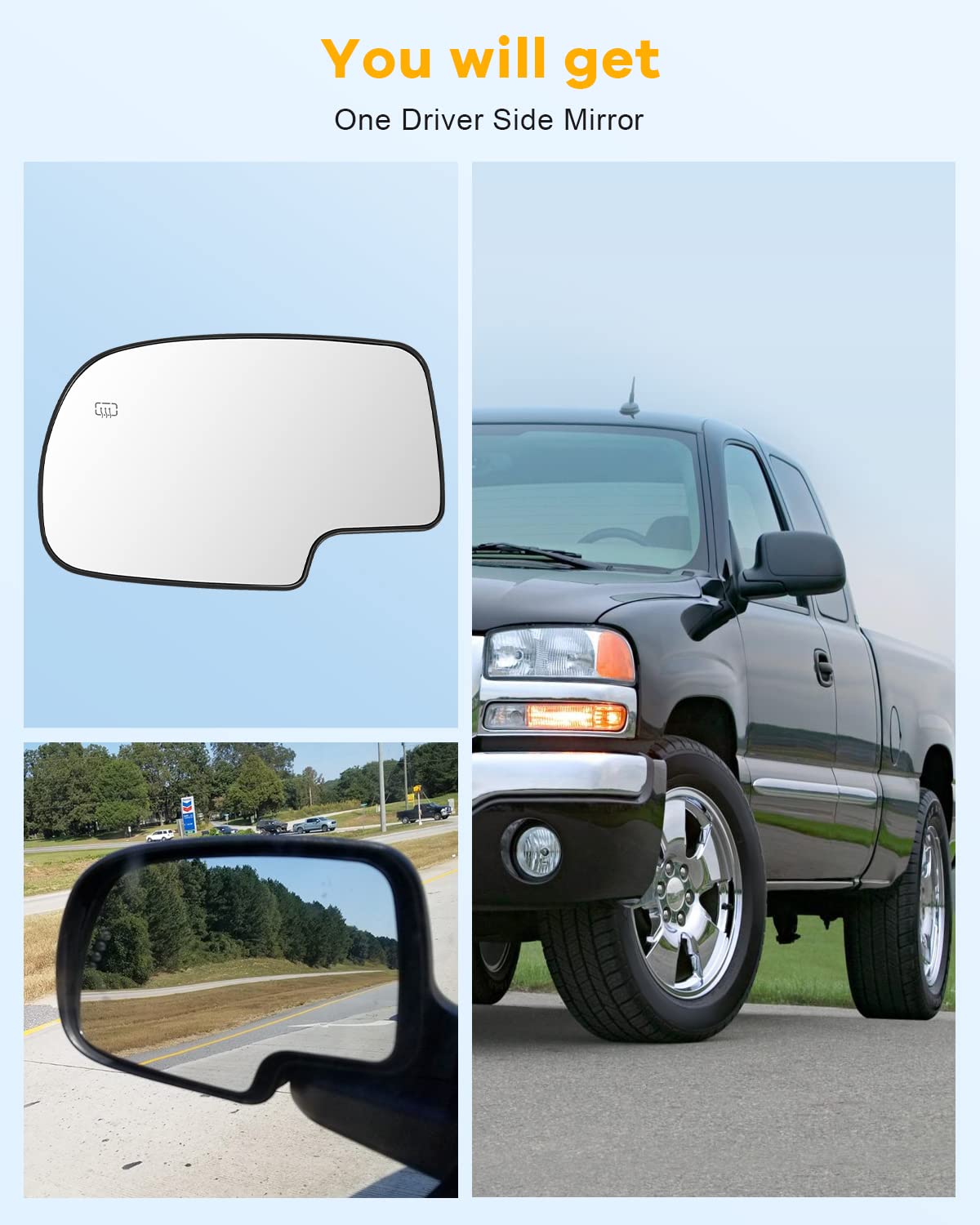 Replacement Side View Mirror Glass for 2002-2006 Chevy Avalanche 1500/2500 & Suburban 1500/2500 - Heated Driver Side Power-Adjustable Exterior Mirror - Perfect for Winter Driving and Enhanced Visibility