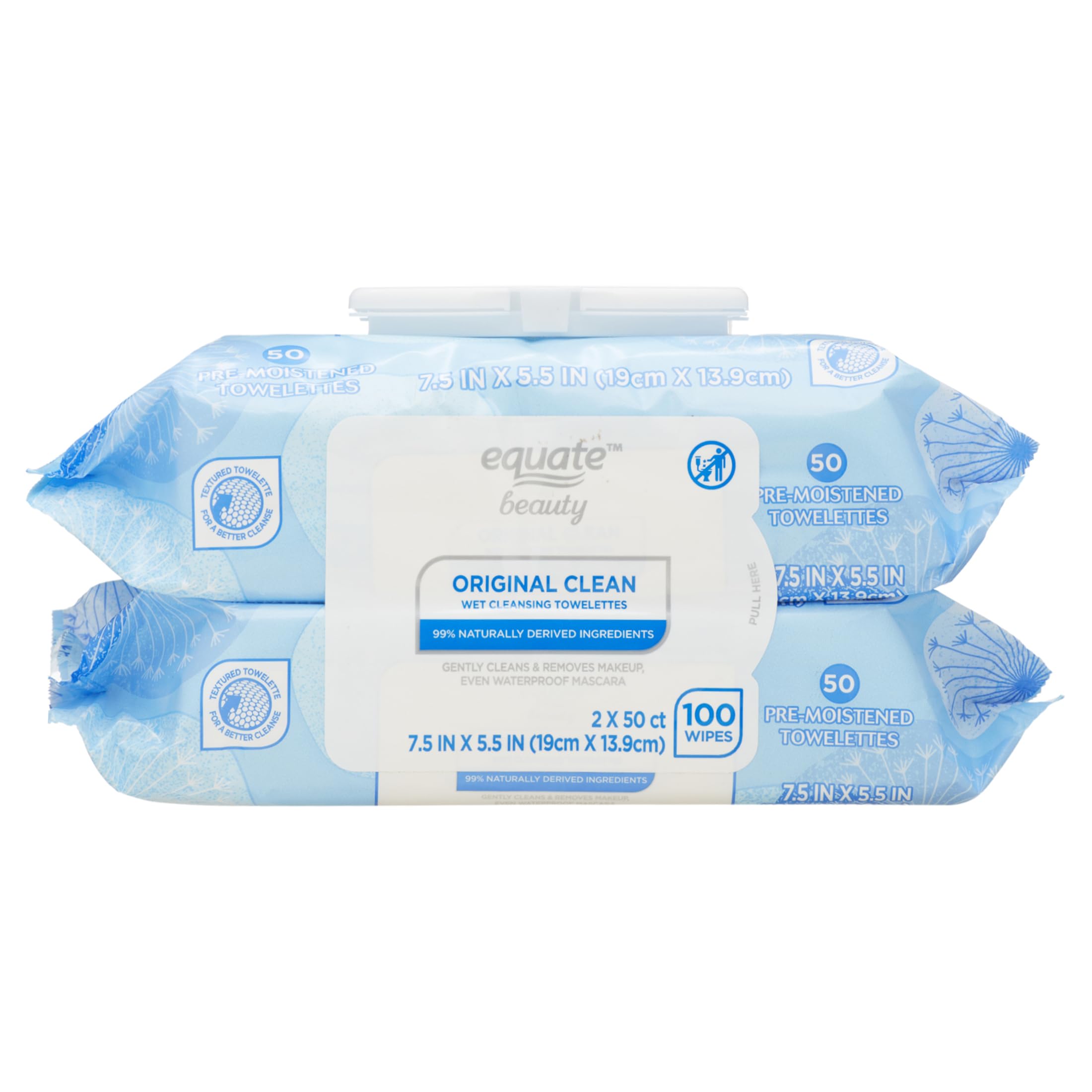 Equate Beauty Original Clean Wet Cleansing Towelettes - 100 Count (2 Pack) | Gentle Face Wipes for Makeup Removal & Skin Cleansing | Perfect for Travel, Gym & Daily Skincare Routine