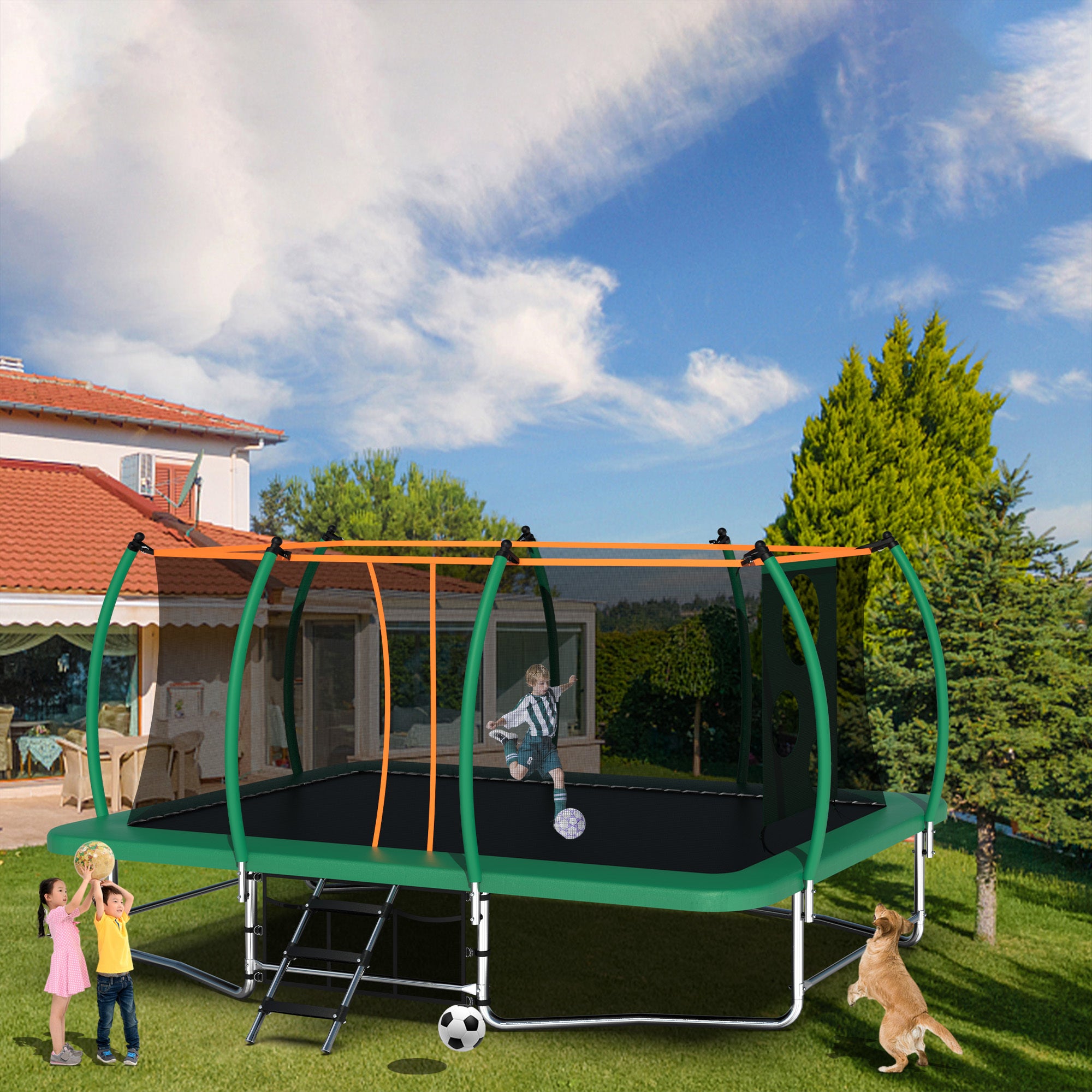 10X16FT Outdoor Square Trampoline for Kids & Adults - Heavy Duty Rectangular Bouncing Mat with Safety Net - Perfect for Backyard, Gym Training, and Family Fun Activities