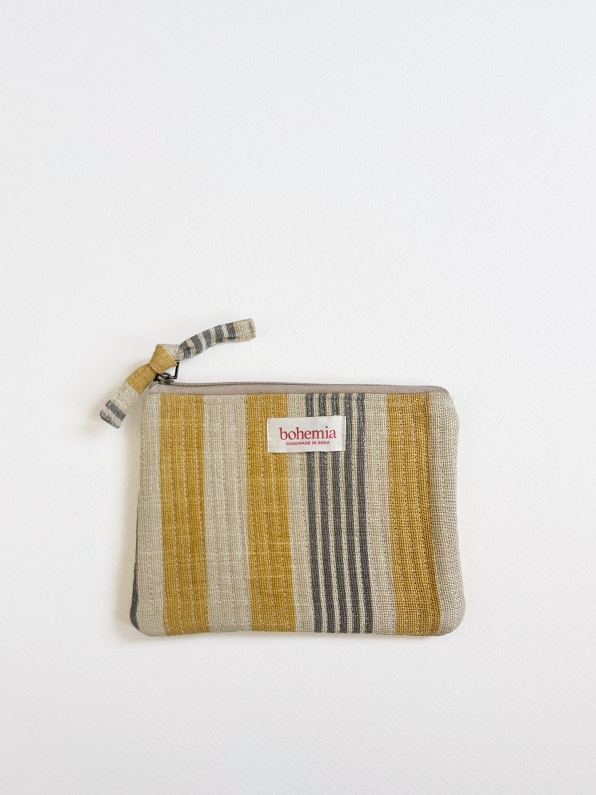 Jaipur Stripe Medium Pouch in Vibrant India Yellow | Handmade Cotton Storage Bag for Travel, Makeup & Jewelry Organization