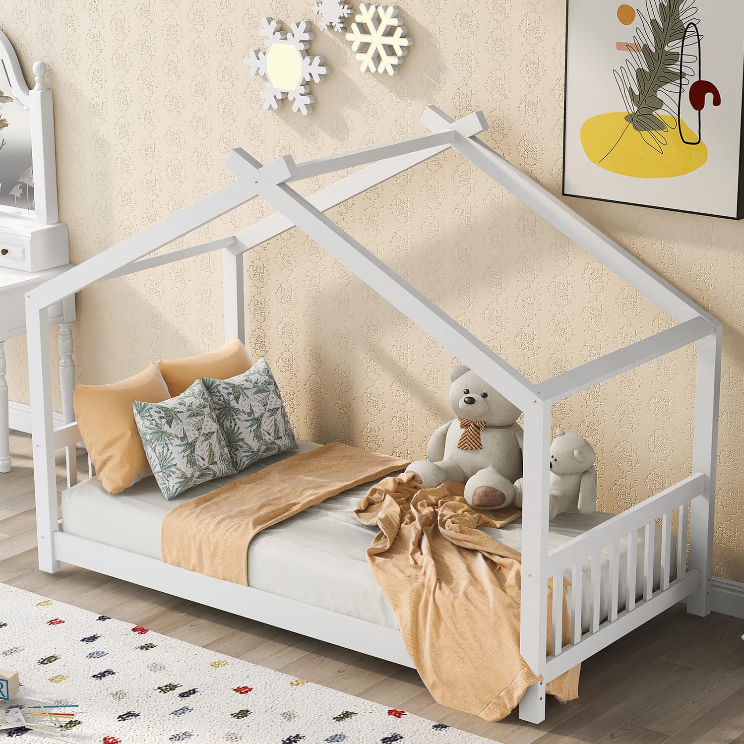 Bellemave Twin House Beds - Wooden Montessori Floor Bed Frame for Kids with Headboard & Footboard, No Box Spring Needed - Perfect for Toddler Rooms, Playrooms & Montessori Classrooms (Twin Size, White)