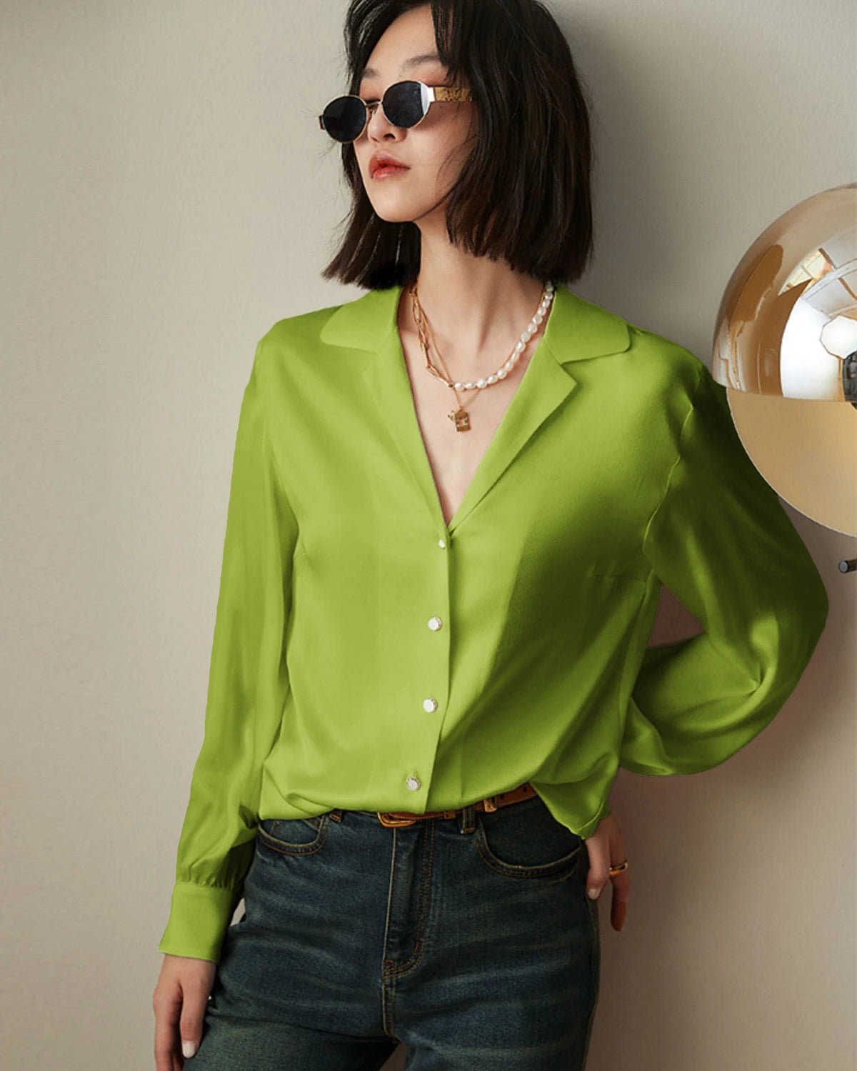 Elegant V-Neck Lapel Collar Silk Blouse for Women - Soft & Luxurious Satin Shirt for Office, Party & Special Occasions