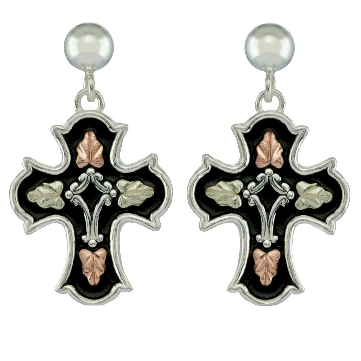 Black Cross Earrings - Sterling Silver with 12k Green Gold & Rose Gold Black Hills Gold - Perfect for Gifts, Weddings & Religious Occasions