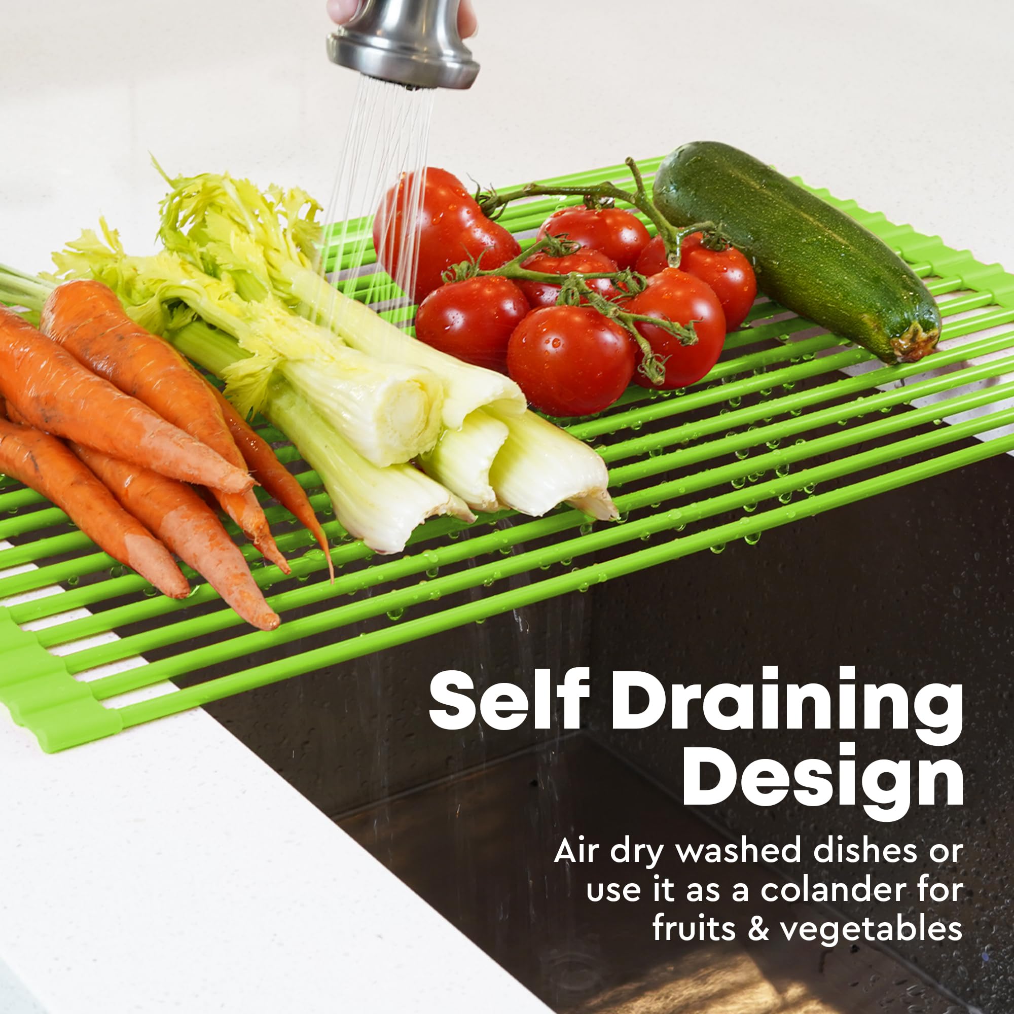 Zulay Kitchen Large Roll Up Dish Drying Rack - Heavy Duty Silicone Wrapped Steel Rods Over Sink Dish Drying Rack - Versatile Roll Up Sink Drying Rack & Trivet - Green, 20.5 x 13 Inches - Perfect for Small Kitchens, Apartments, and RV Use