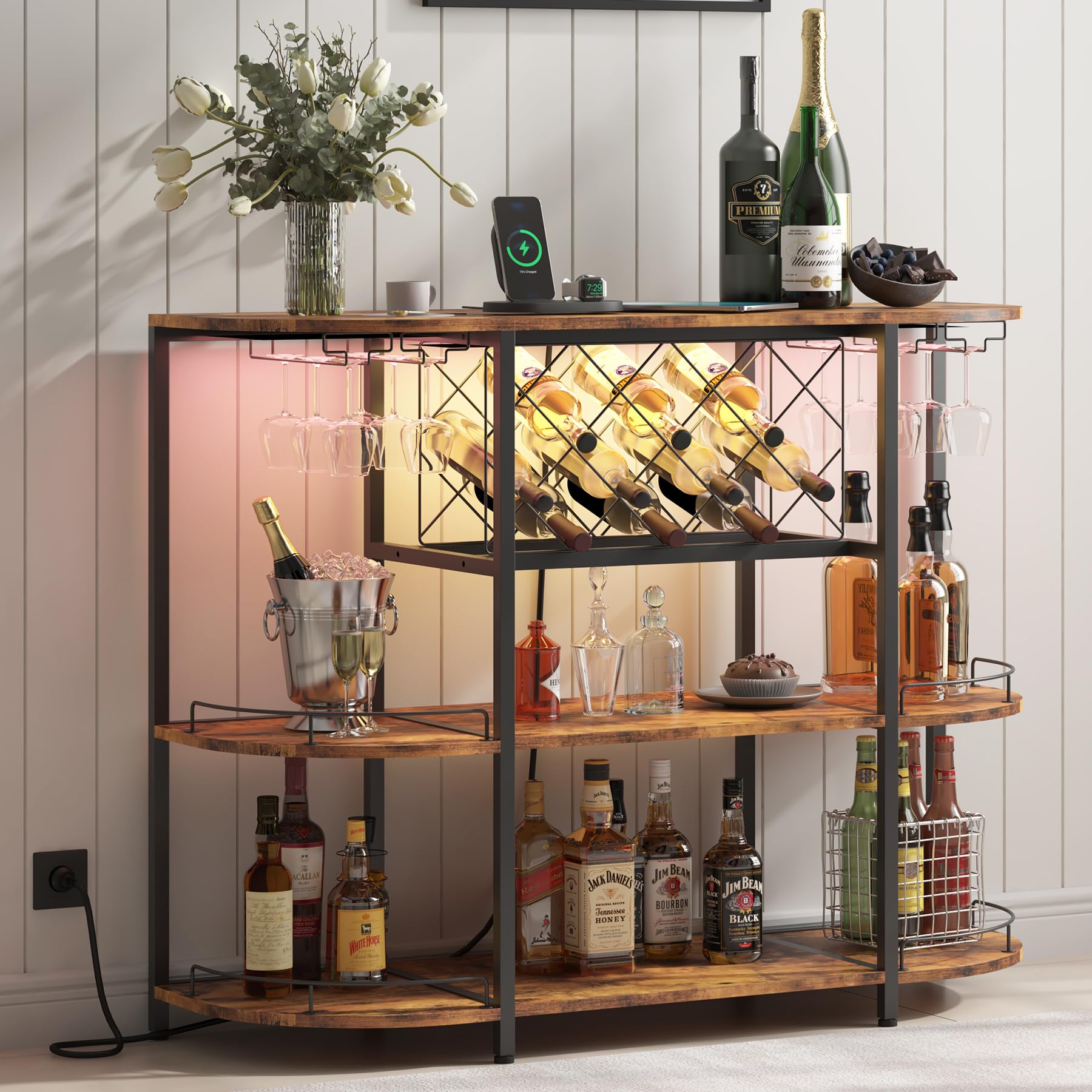 Vintage 3-Tier Wine Bar Cart with Power Outlet & LED Lights - Retro Brown Kitchen Bar Table with Large Storage for Wine, Liquor & Coffee - Perfect for Home, Kitchen, Office or Party Serving