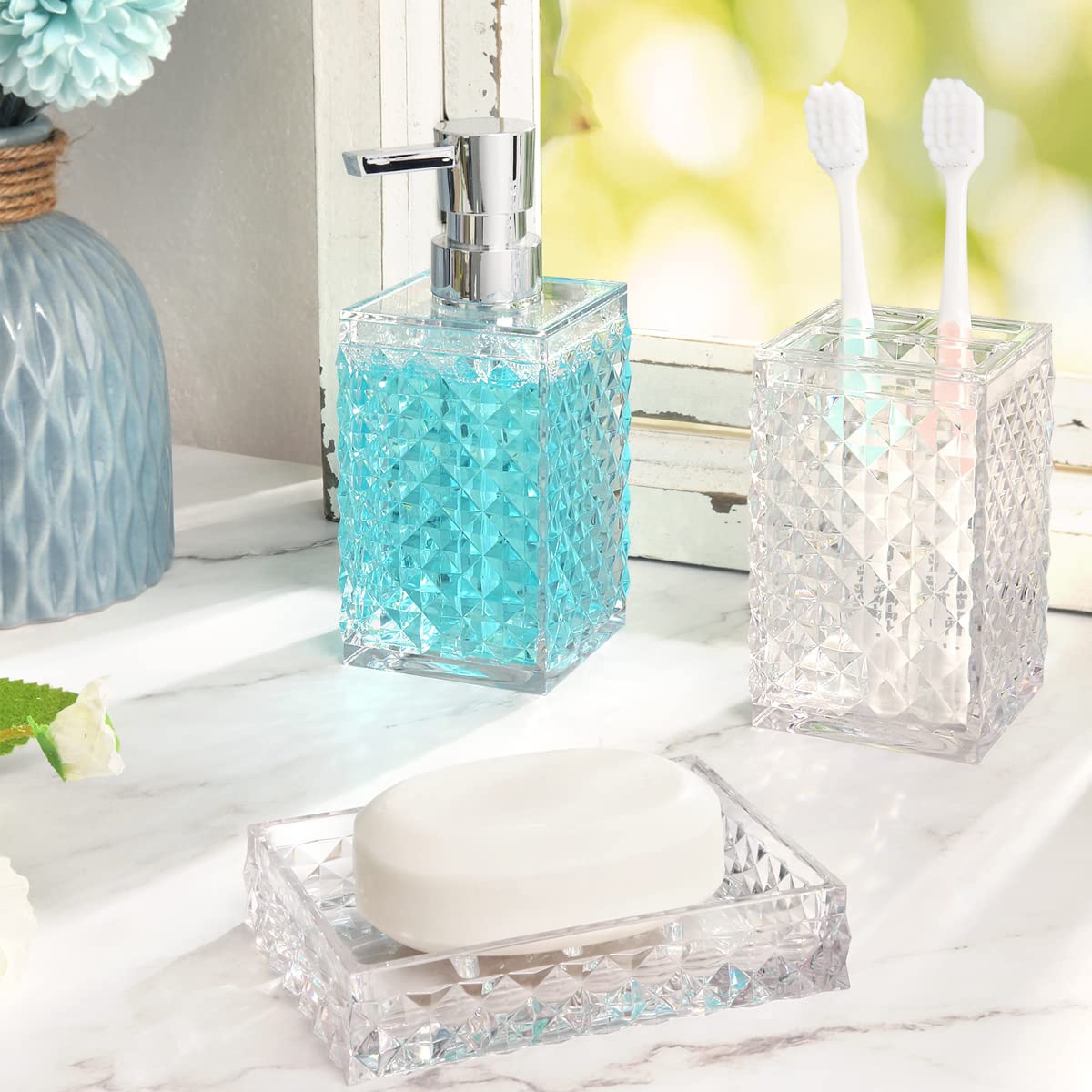 6-Piece Clear Acrylic Bathroom Accessories Set - Toothbrush Holder, Cup, Soap Dispenser, Toilet Brush Set & Soap Dish | Modern Bathroom Decor | Housewarming Gift for New Home, Apartment or Dorm