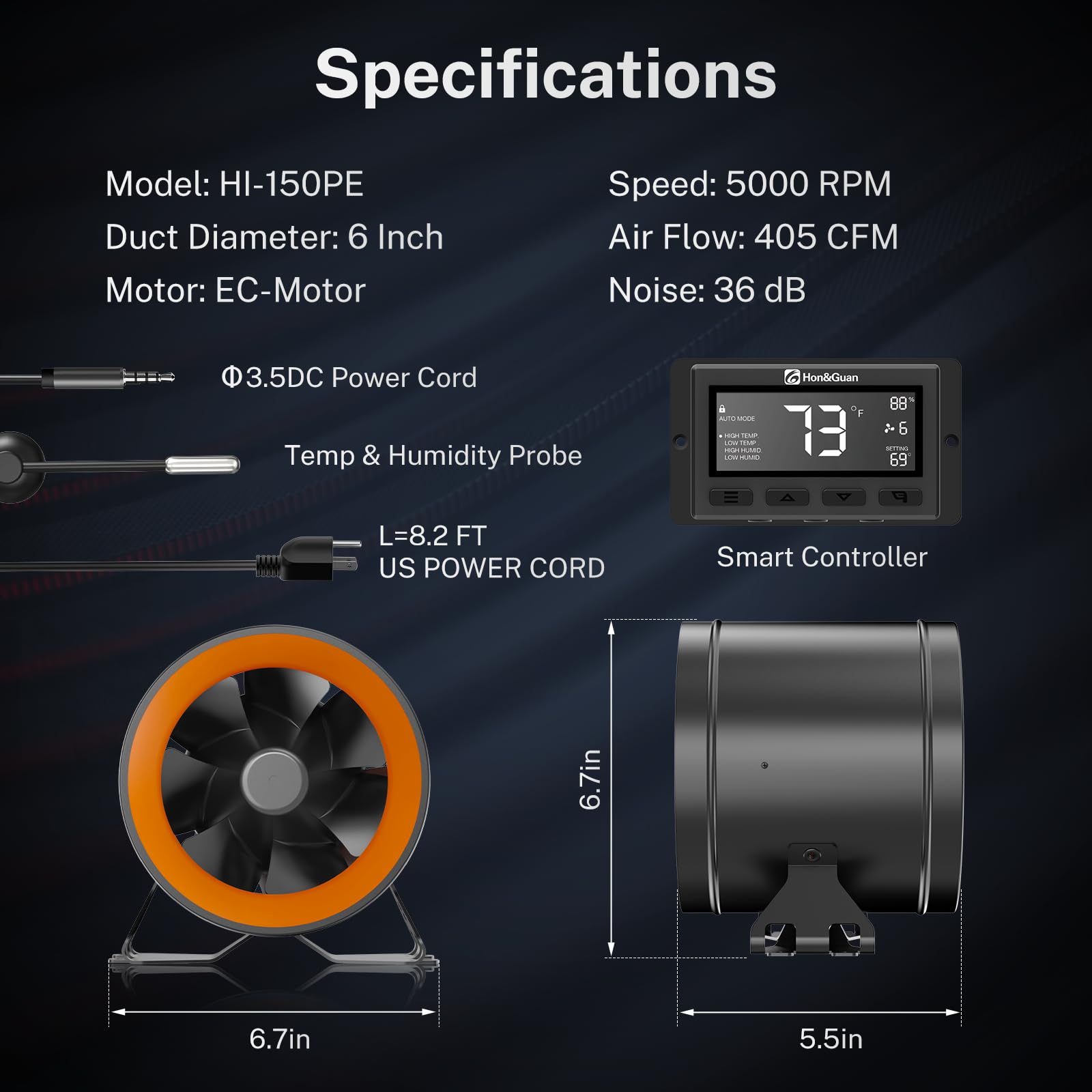 Hon&Guan PRO 6 Inch Inline Duct Fan - 405 CFM High Performance Ventilation with Quiet EC Motor & Smart Temperature Humidity Controller - HVAC Exhaust Fan for Grow Tents, Hydroponics, Greenhouses, Home Heating and Cooling Systems (Black & Orange)