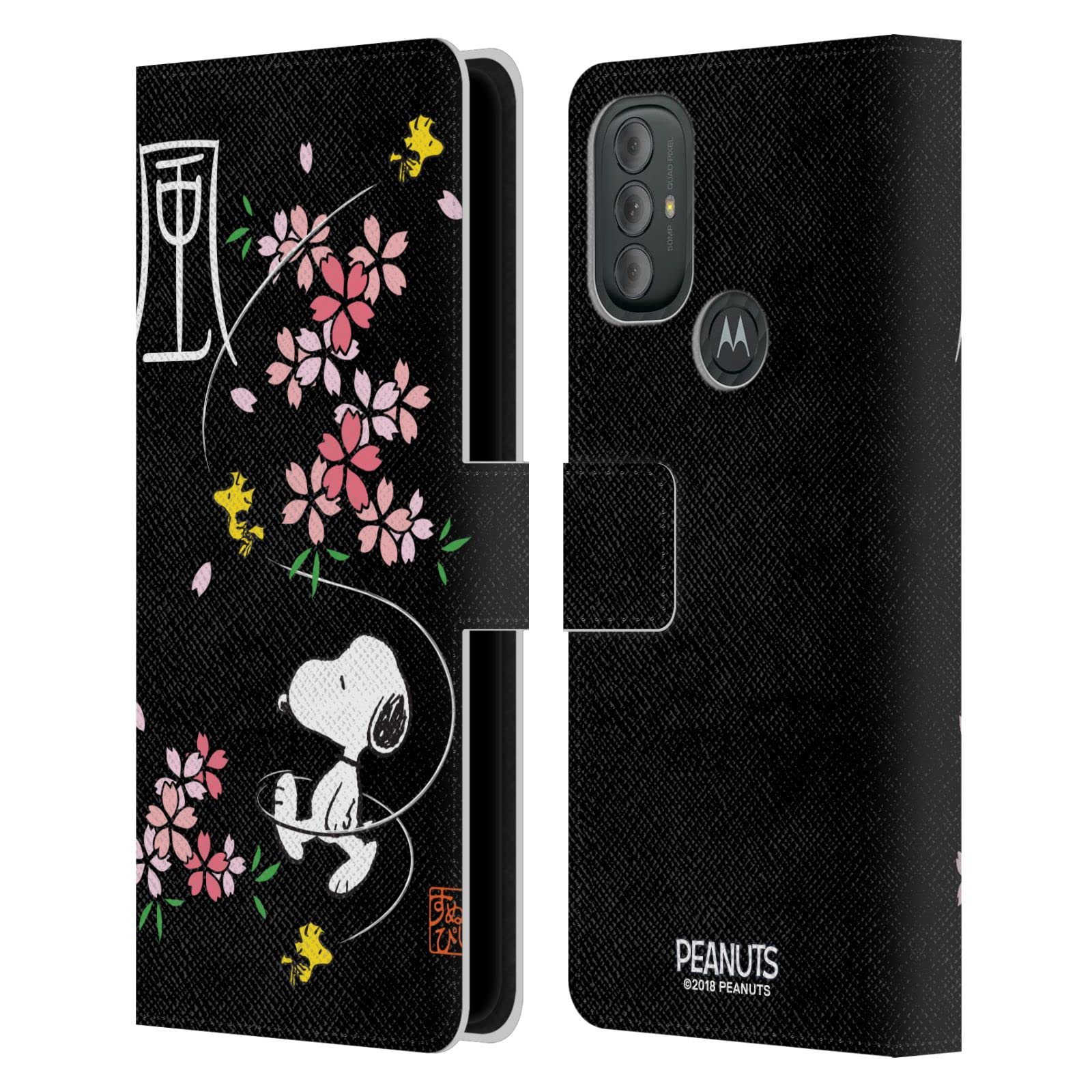 Head Case Designs Peanuts Cherry Blossoms Oriental Snoopy Leather Book Wallet Case for Motorola Moto G Power (2022) - Protective Phone Cover with Card Slots for Daily Use & Travel