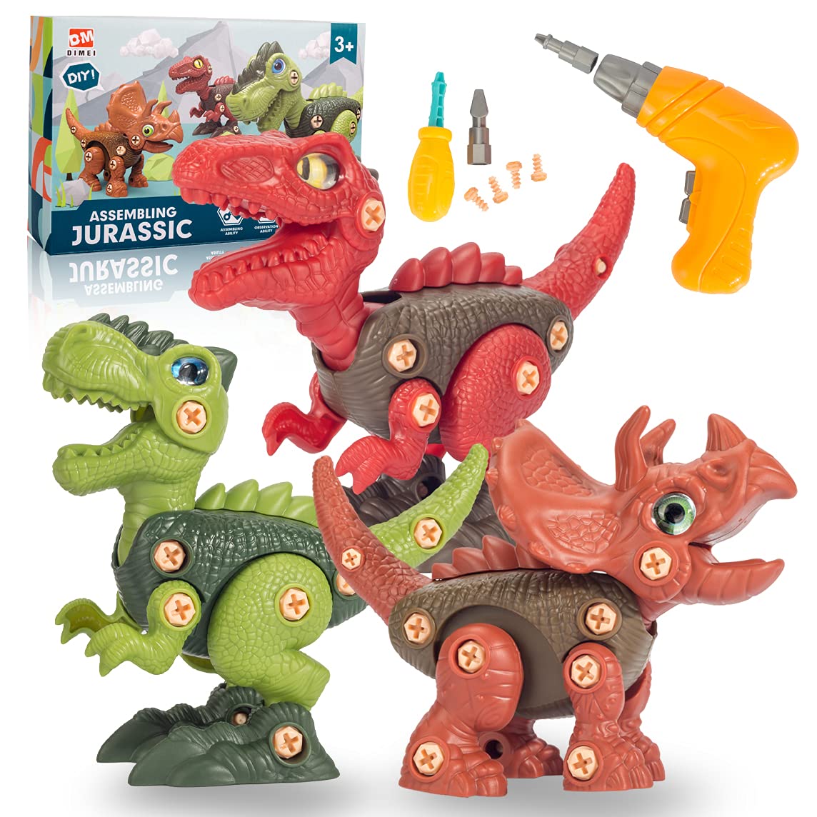 VNVDFLM 3-Piece Take Apart Dinosaur Toys with Electric Drill - STEM Educational Construction Set for Kids Ages 3-7 | Perfect Birthday Gift for Boys & Girls | Dinosaur Learning Toys for Toddlers (Small Size R3-S) | Great for Classroom Activities & Pretend Play