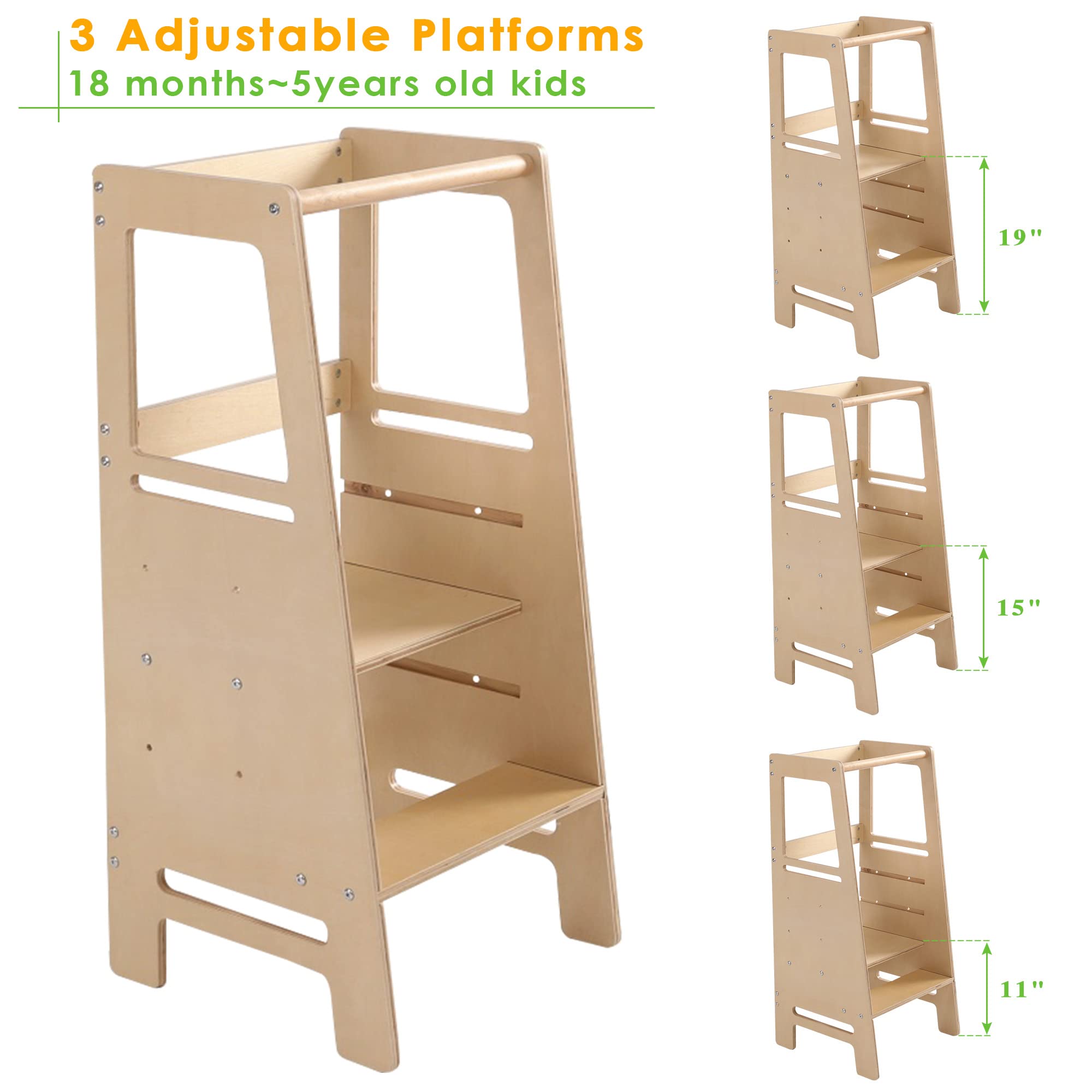 Solid Wood Adjustable Height Kids Step Stool with Safety Rail - Toddler Learning Tower for Kitchen Counter, Bathroom Sink, and Craft Table Helper