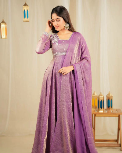Lilac Gold Crush Silk Elegant Anarkali Dupatta Set of 2 - Perfect for Weddings, Parties & Festive Occasions
