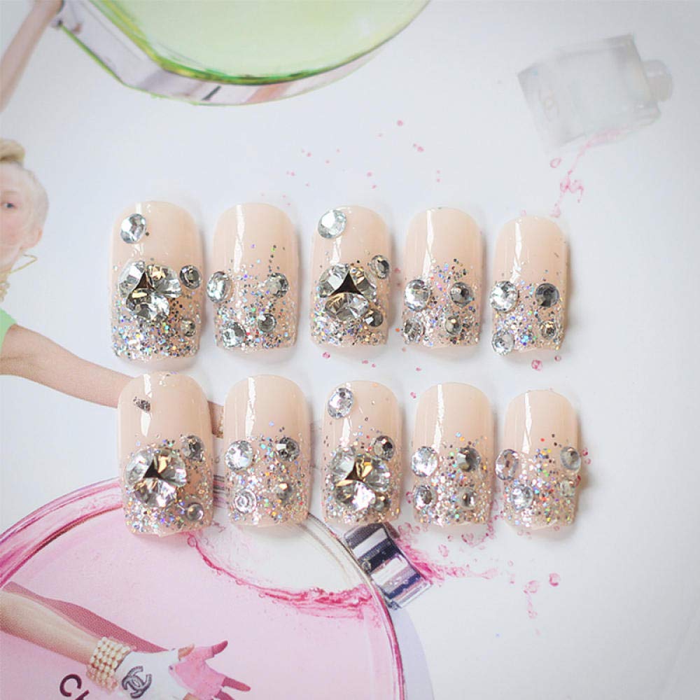 24pcs HUJL False Nails Set - Pink Pre-Designed Rhinestone Full Coverage Artificial Nails | Bridal Nail Art Tips for Wedding, Party & Special Occasions
