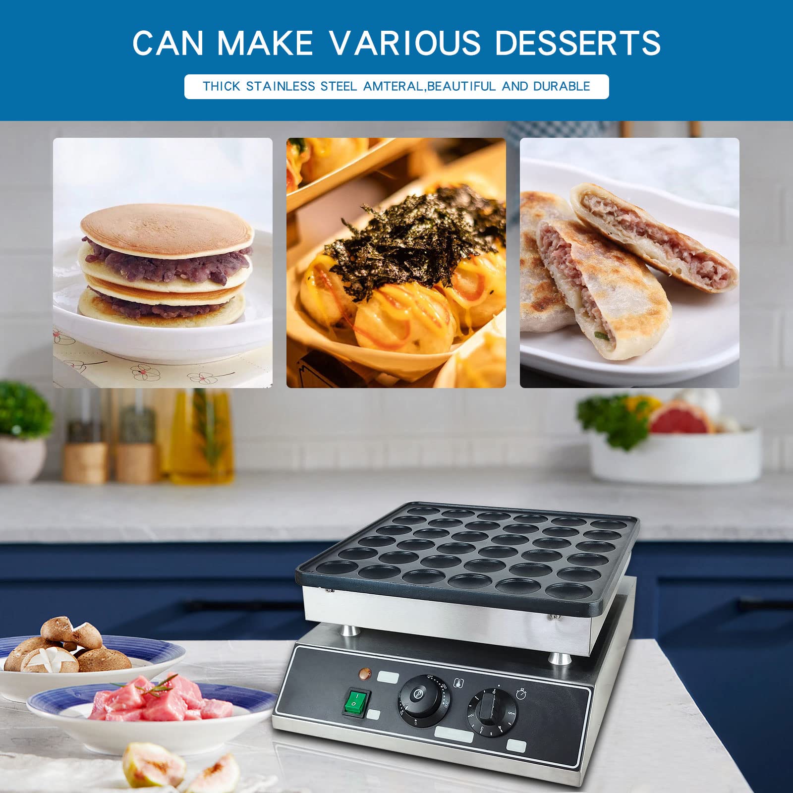 Mini Pancake Maker for Mini Dutch Pancakes - Double Plate 110V Electric Pancake Pan - Commercial & Home Use - 36 Pcs Pancake Maker - Perfect for Restaurants, Cafes, Breakfast Buffets and Family Brunches