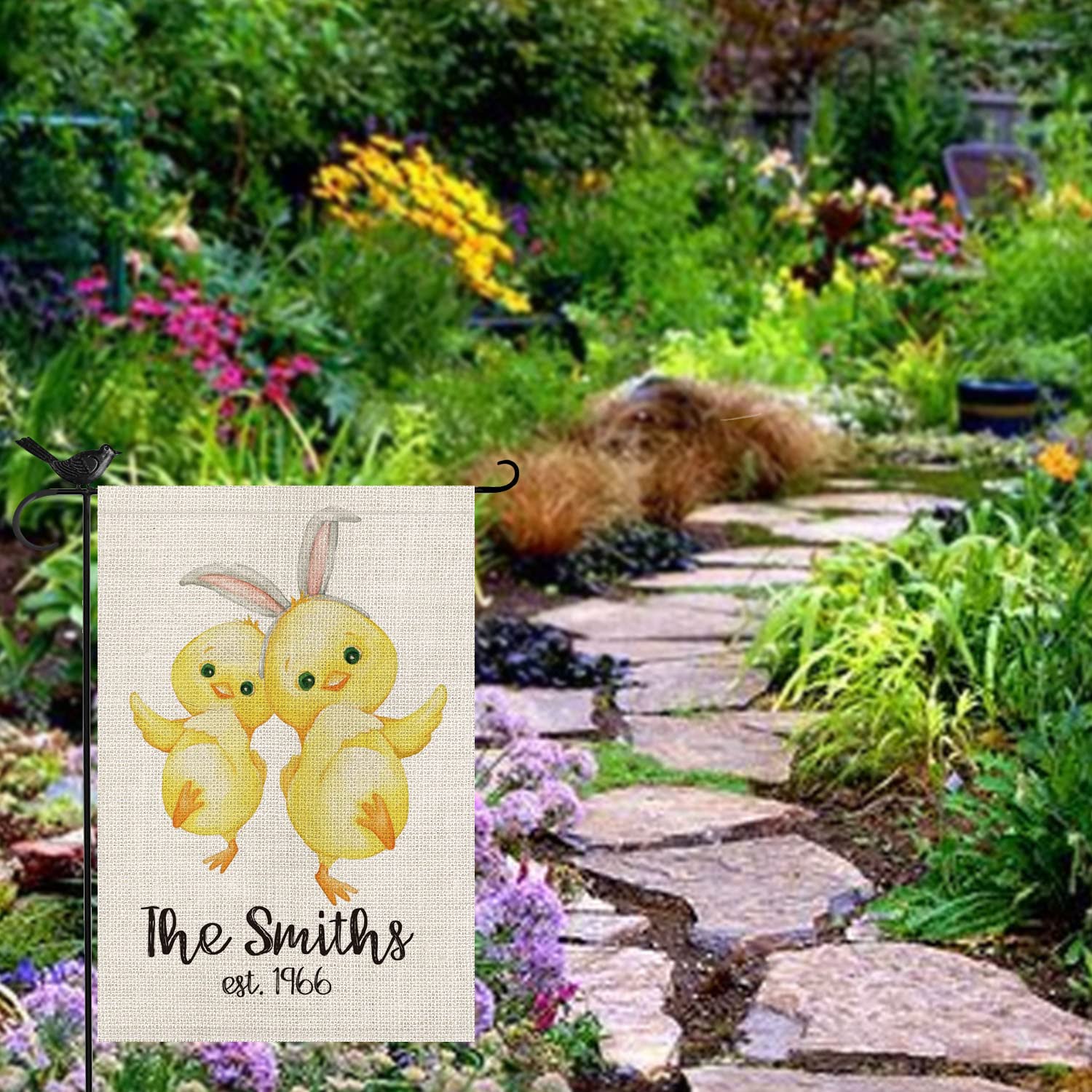 Custom Easter Spring Garden Flag - Personalized Family Name with Chicks & Bunny Design - Double Sided 12x18 Inch Rustic Farmhouse Decor - Perfect for Outdoor Yard, Porch & Spring Holiday Decoration