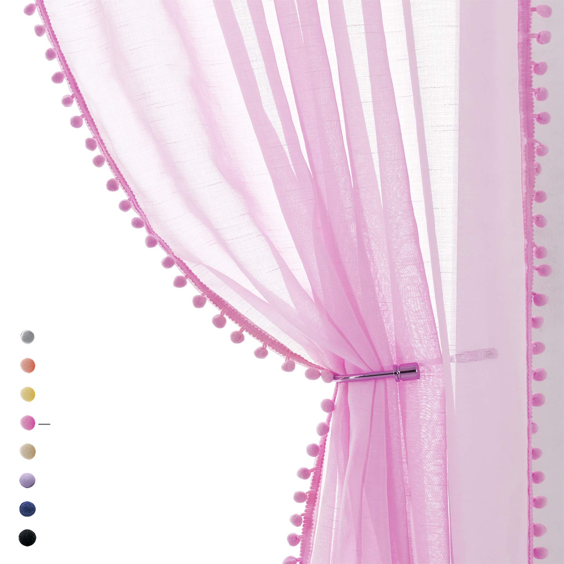 Pink Sheer Curtains for Girls Room - 108 Inch Long Window Drapes with Cute Pom Pom Trim, 52