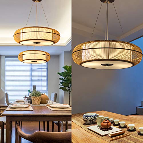 Rustic Round Wood Ceiling Pendant Light - 3-Light Island Hanging Lamp with Adjustable Cord, Natural Woven Wood Chandelier for Kitchen, Dining Room, Bedroom, Restaurant & Cafe Decor