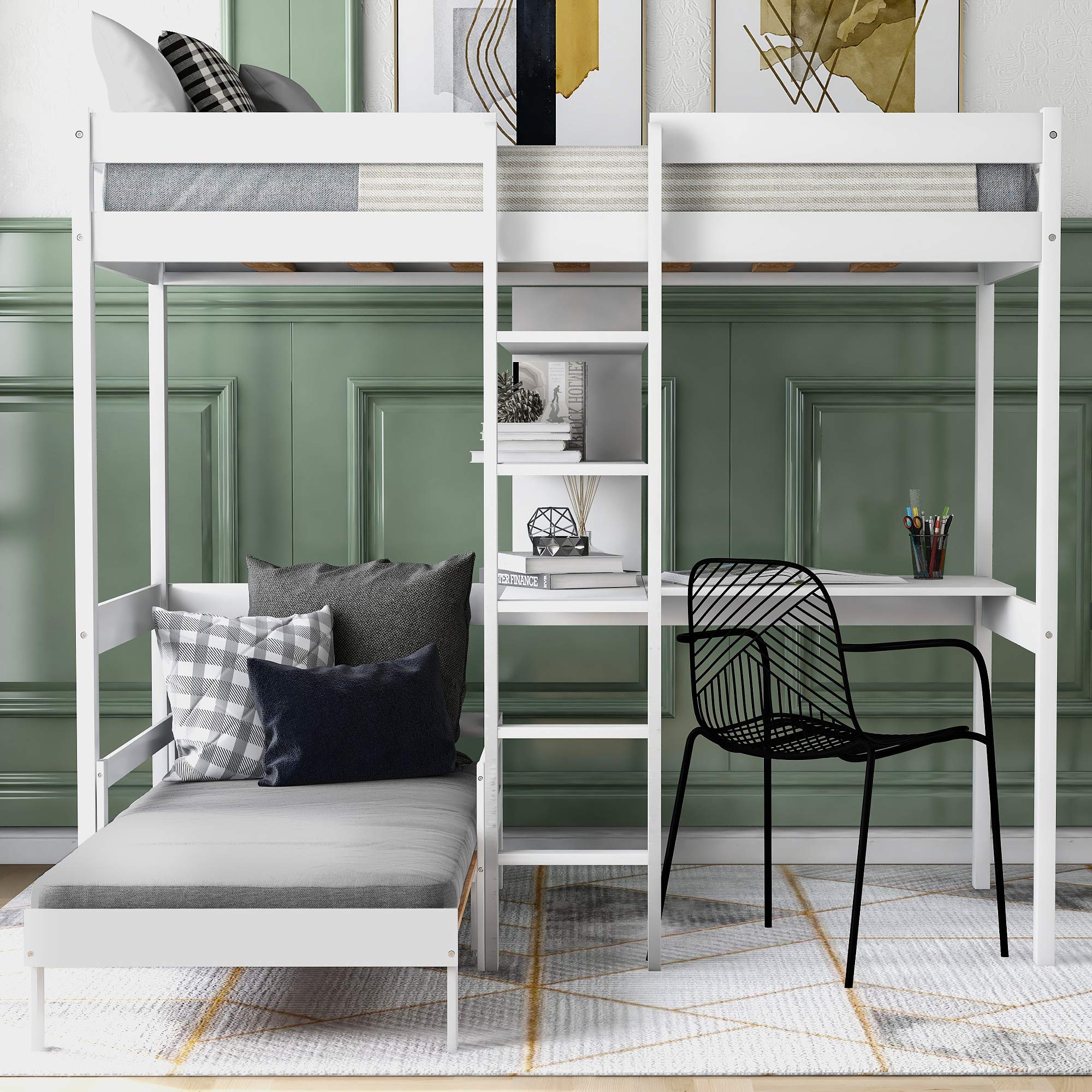 **Twin Loft Bed with L-Shaped Desk & Storage Shelves - Sturdy Wooden Loft Bed Frame with Guardrail & Ladder for Kids, Teens, Boys & Girls - No Box Spring Needed, White - Perfect for Small Bedrooms, Dorm Rooms & Study Spaces**