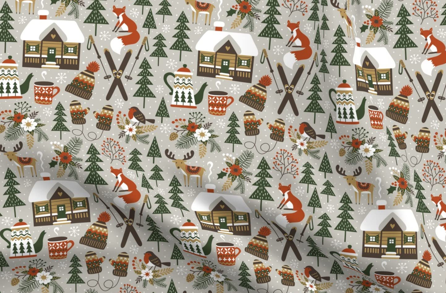 Premium Spoonflower Minky Fabric - Soft Light Gray Deer & Fox Woodland Winter Snow Christmas Print by The Yard - Perfect for Sewing Baby Blankets, Quilt Backing, Plush Toys & Holiday Decorations