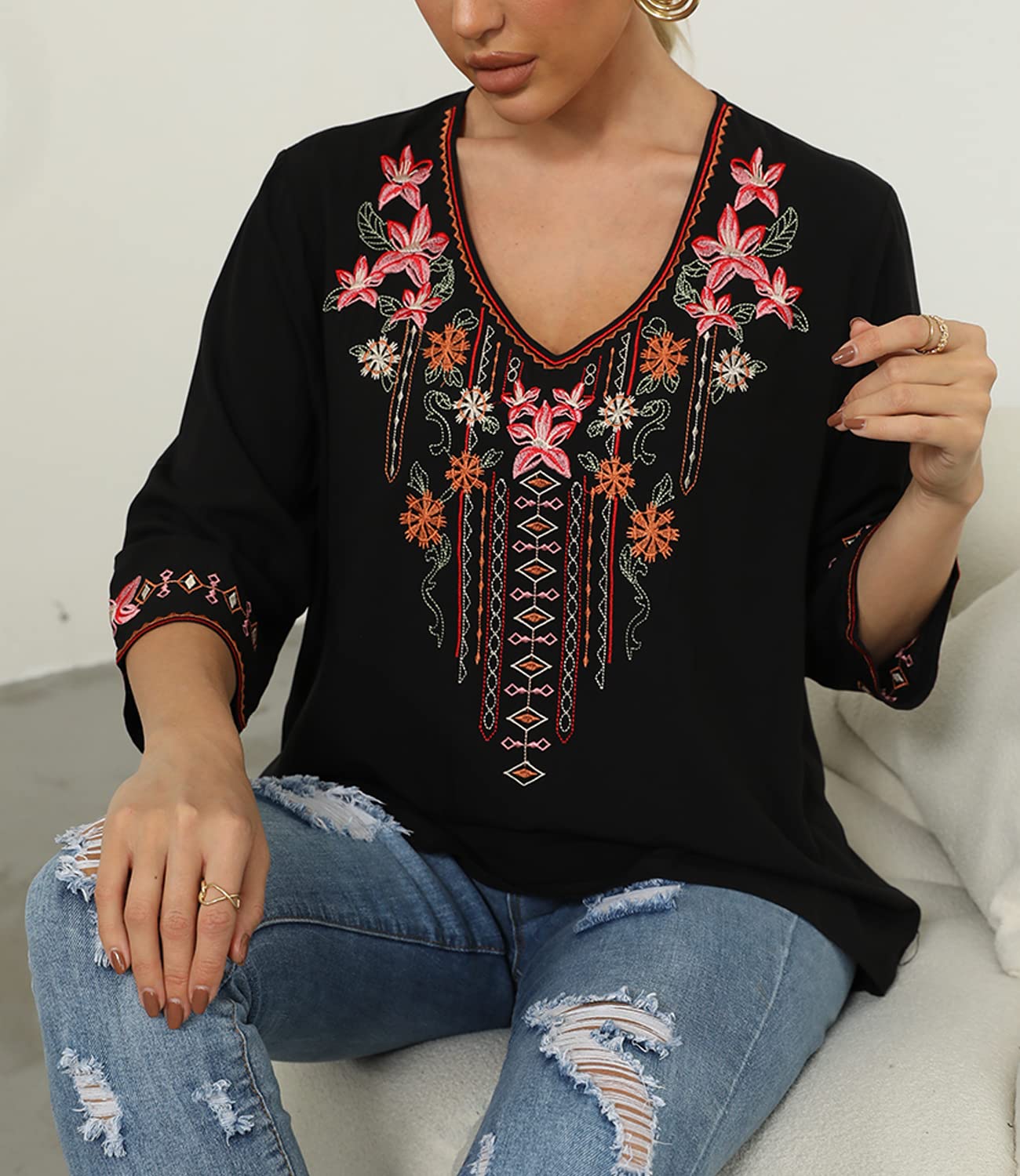 Higustar Women's Mexican Embroidered Bohemian Blouse - 3/4 Sleeve Peasant Top, Boho Tunic Shirt, Hippie Style Clothing for Festivals, Beach & Casual Wear