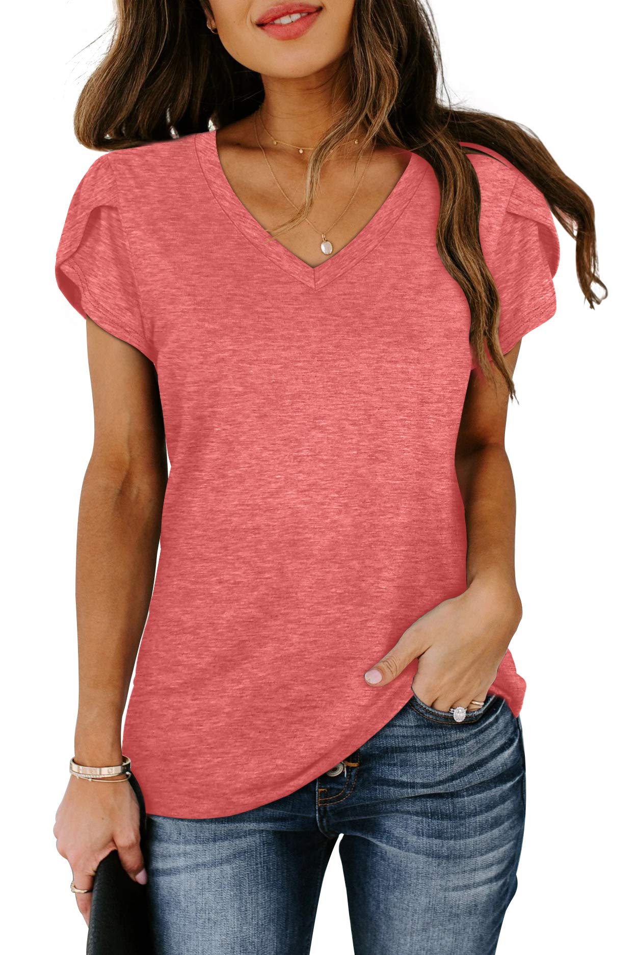 WIHOLL Women's V-Neck Summer T-Shirts with Petal Sleeves - Casual Blouse for Work, Date & Vacation | Breathable Comfort Top for Hot Weather
