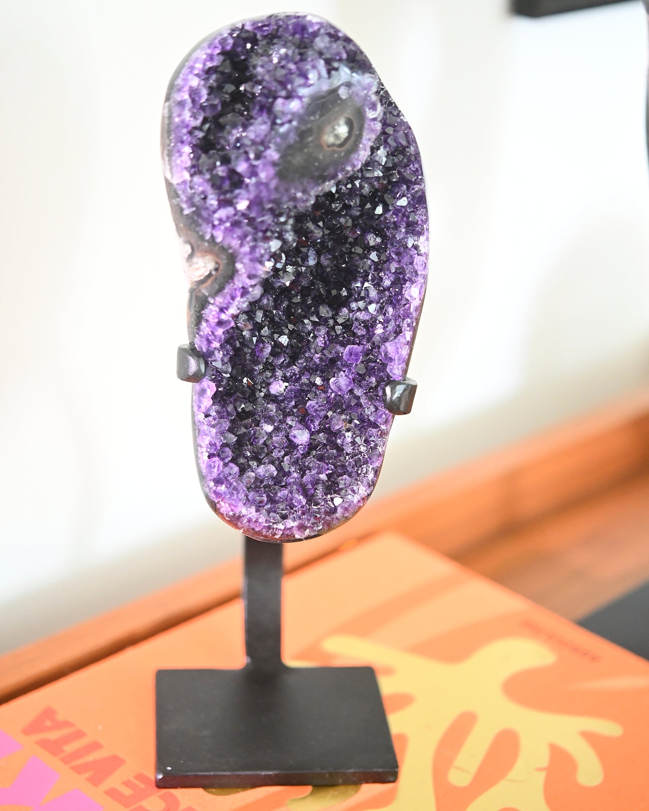 Natural Amethyst Crystal Geode on Wooden Stand - 3.8lbs Healing Stone for Home Decor, Meditation & Spiritual Gifts